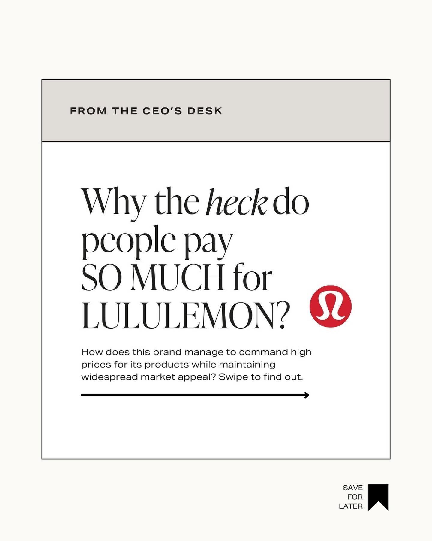 Raise your ✋🏻 if you own at least one article of Lululemon clothing (belt bags count!). 
⠀⠀⠀⠀⠀⠀⠀⠀⠀
Have you ever wondered how this brand charges exorbitant prices while maintaining widespread market appeal, dressing Olympians, regular gym-goers, and