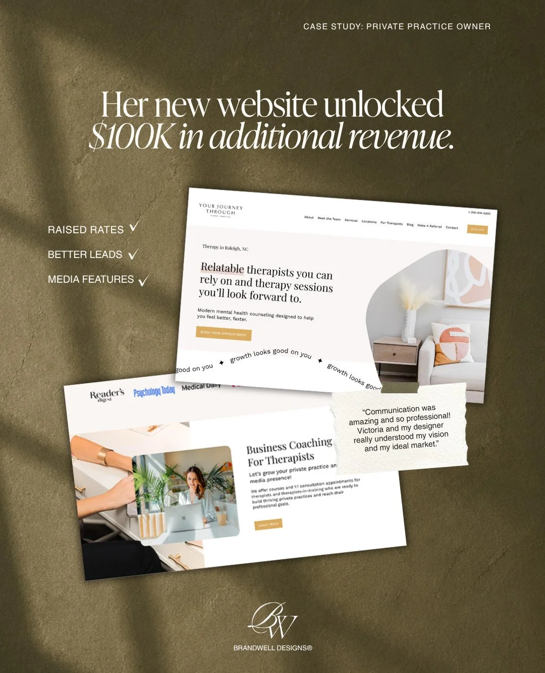 Clients who come with receipts 👏👏👏

A private practice owner client of ours just reported an increase of $100K in revenue since working with BrandWell. 🤯 That's more than 10X ROI for her investment on her new branding and website.

(And yes, this