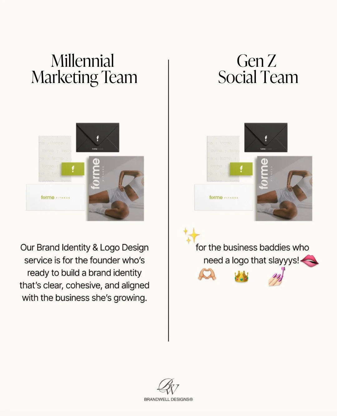 We're an office divided, which means you'll get a little bit of both working with BrandWell (slayyy!) ✨

Millennial or Gen Z messaging, which do you prefer? 👇