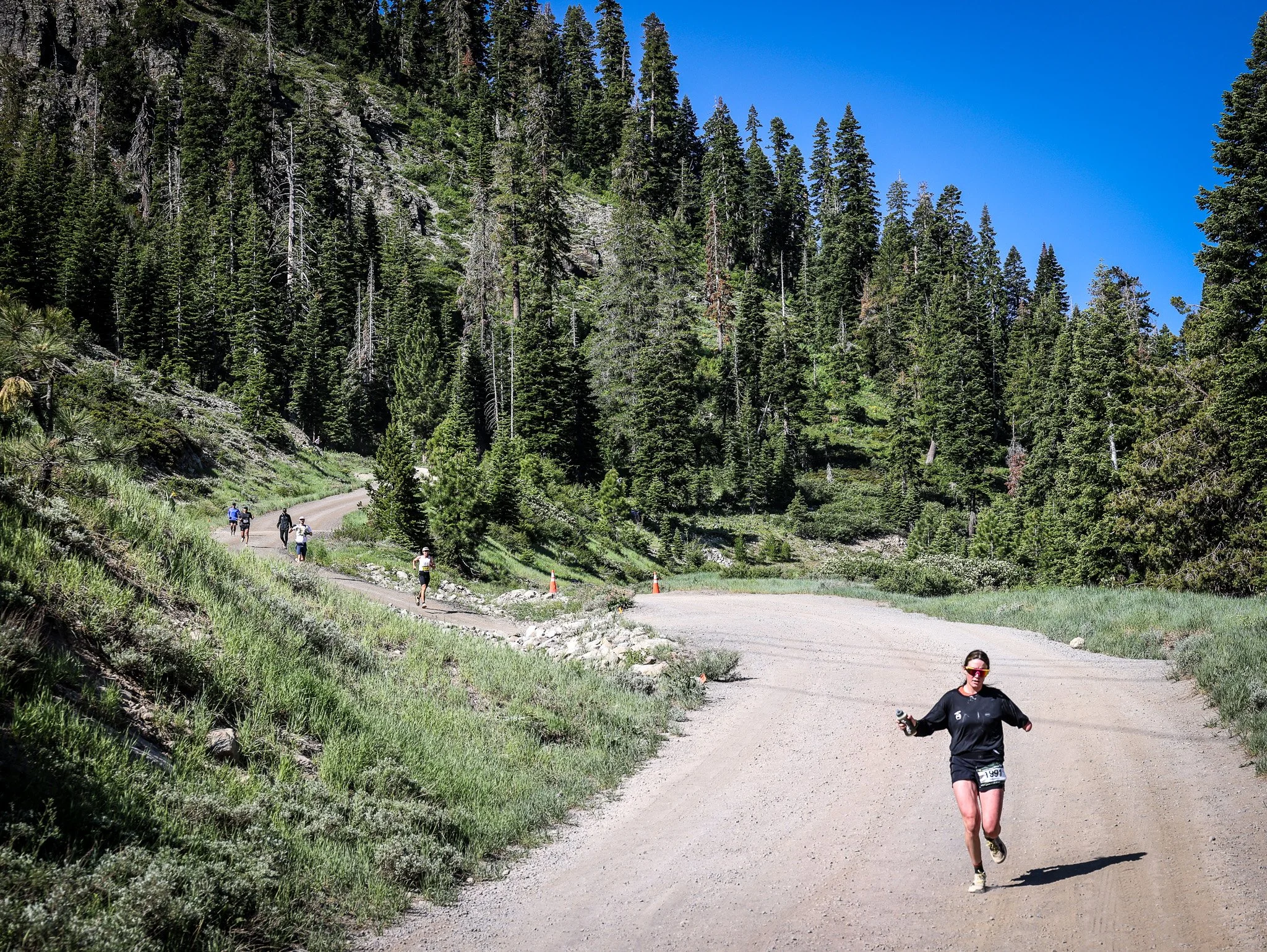 A group of runners on a dirt trail in a forested mountainous area with green trees and blue sky.
