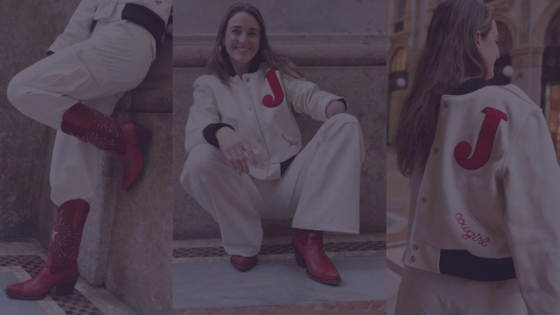 Dani on stairs, smiling, wearing a beige jacket with a red 'J' patch and the word 'eygirl' embroidered, white pants, and red cowboy boots with starburst designs. 