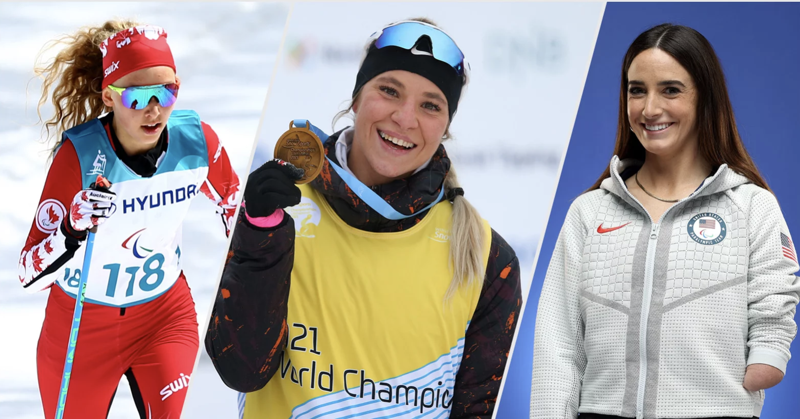 Three female athletes in winter sports gear, with one holding a gold medal, smiling, and a woman in a white jacket with an Olympic logo, standing in front of a blue background.