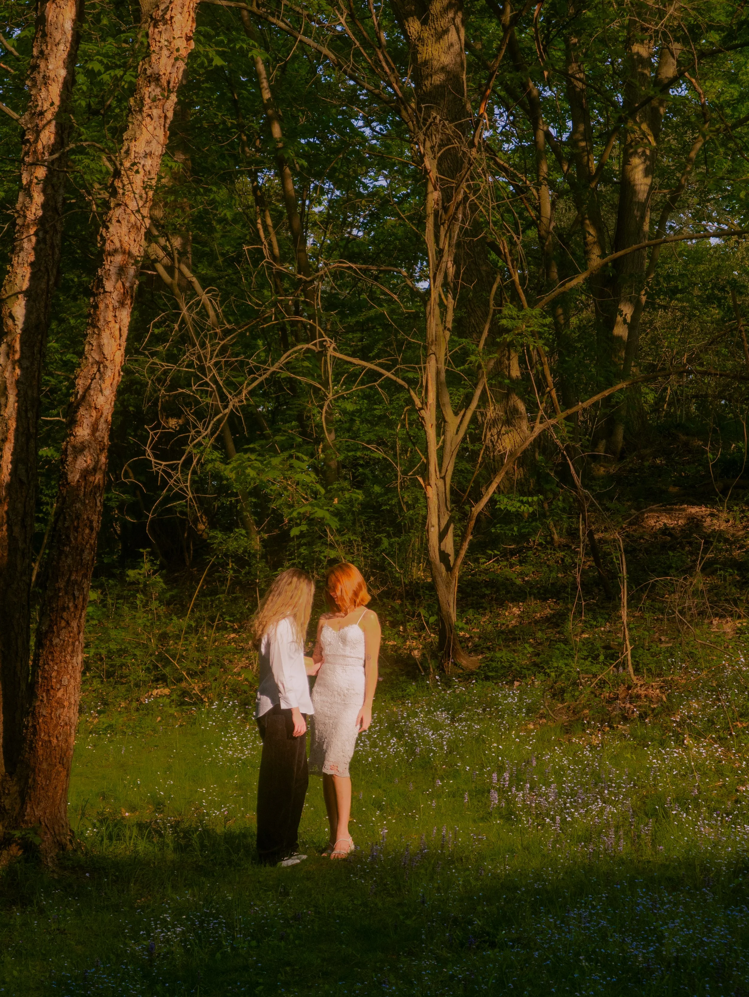 Two women stand in a forest, one in a white wedding dress and the other in a white blouse and black pants, facing each other, surrounded by tall trees and small flowers on the ground.