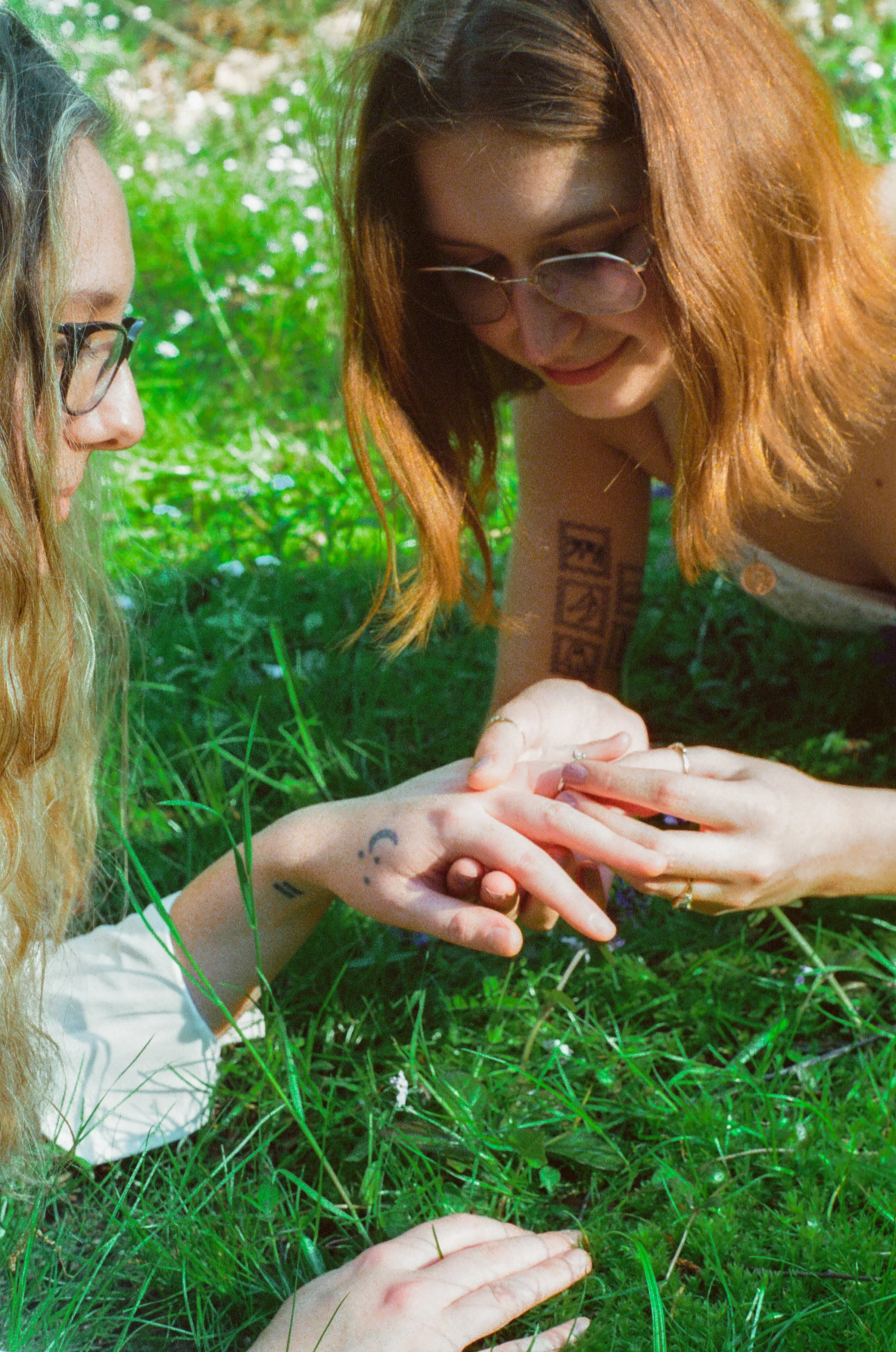 Two women with glasses in a grassy outdoor setting, one with long blonde hair and the other with shoulder-length reddish-brown hair, looking closely at a small object in the blonde woman's hand.
