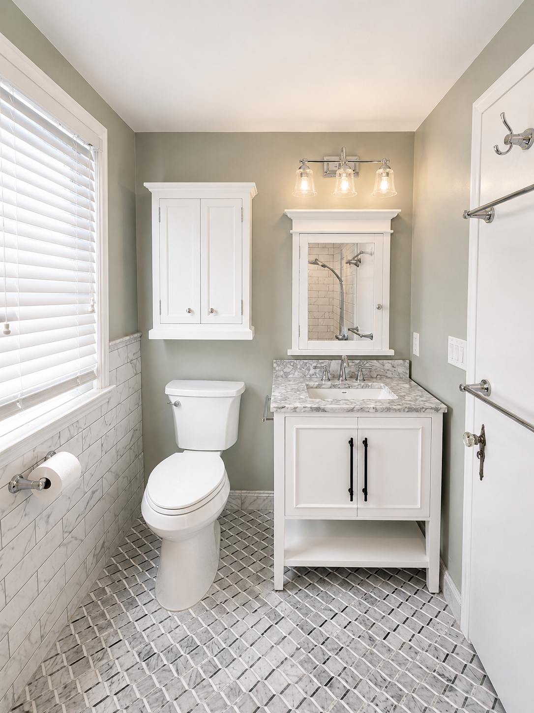 Fresh bathroom with marble finishes and white wood vanity with accessories.