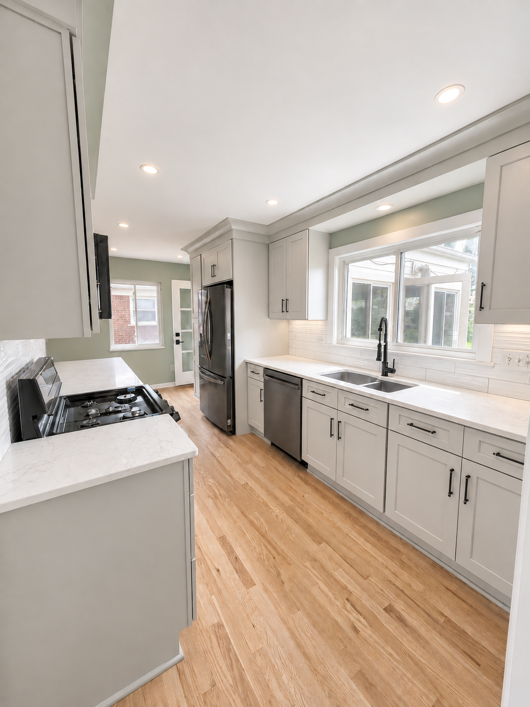 Galley kitchen with lots of countertop space.