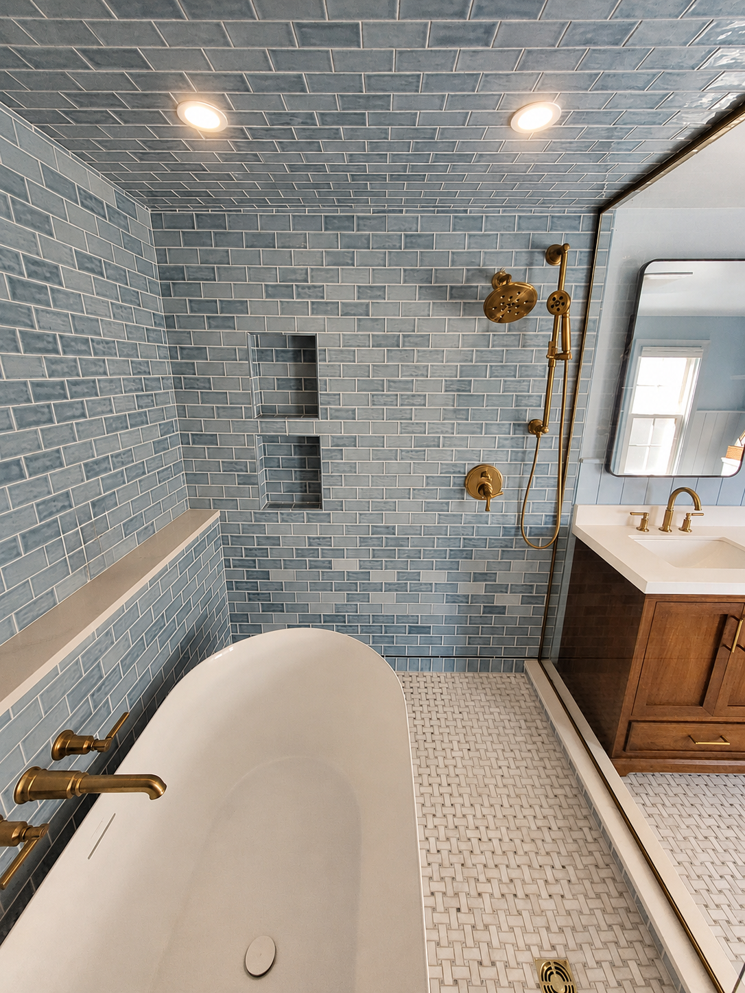 A spacious shower complete with bathtub creates a spa-like feel.