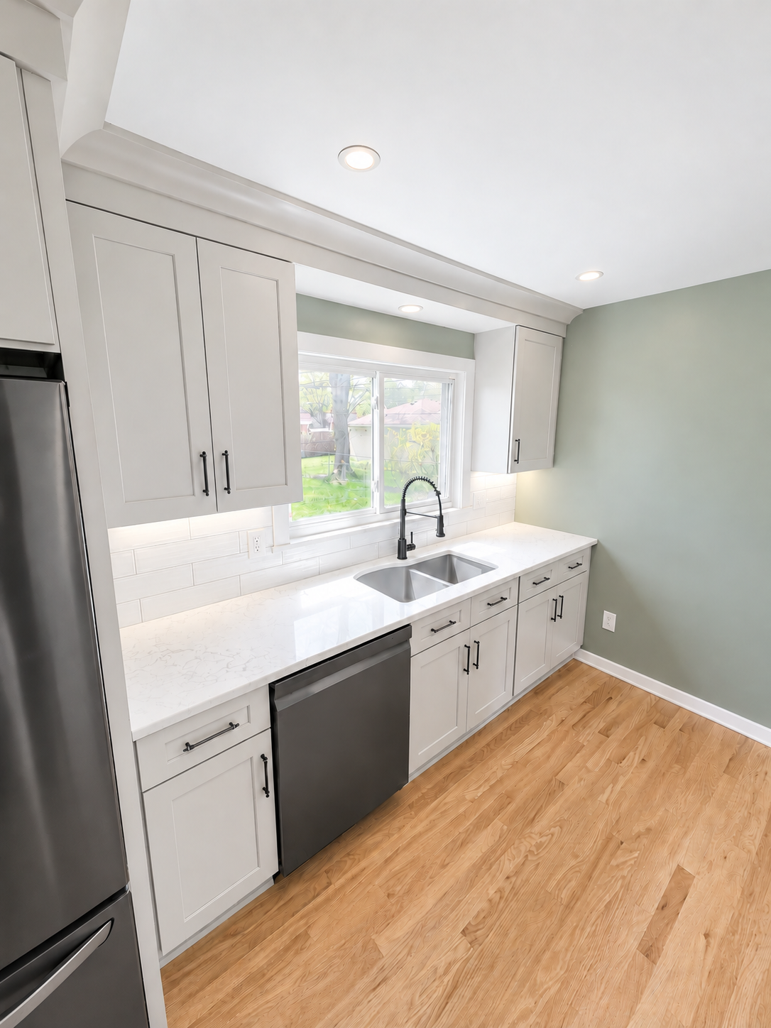Updated kitchen layout with functional storage space.