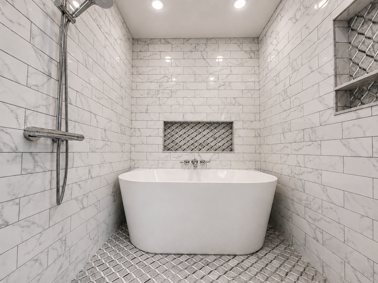 Custom wet room with freestanding tub and marble finishes.