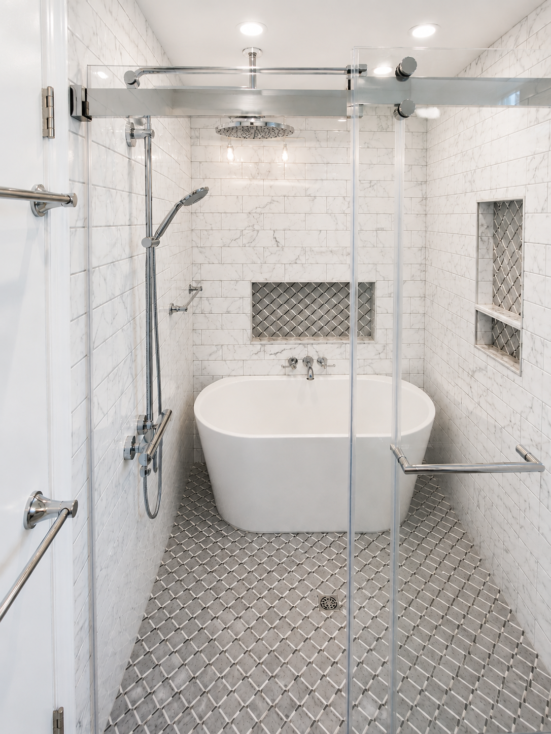 A beautiful wet room shower with freestanding tub