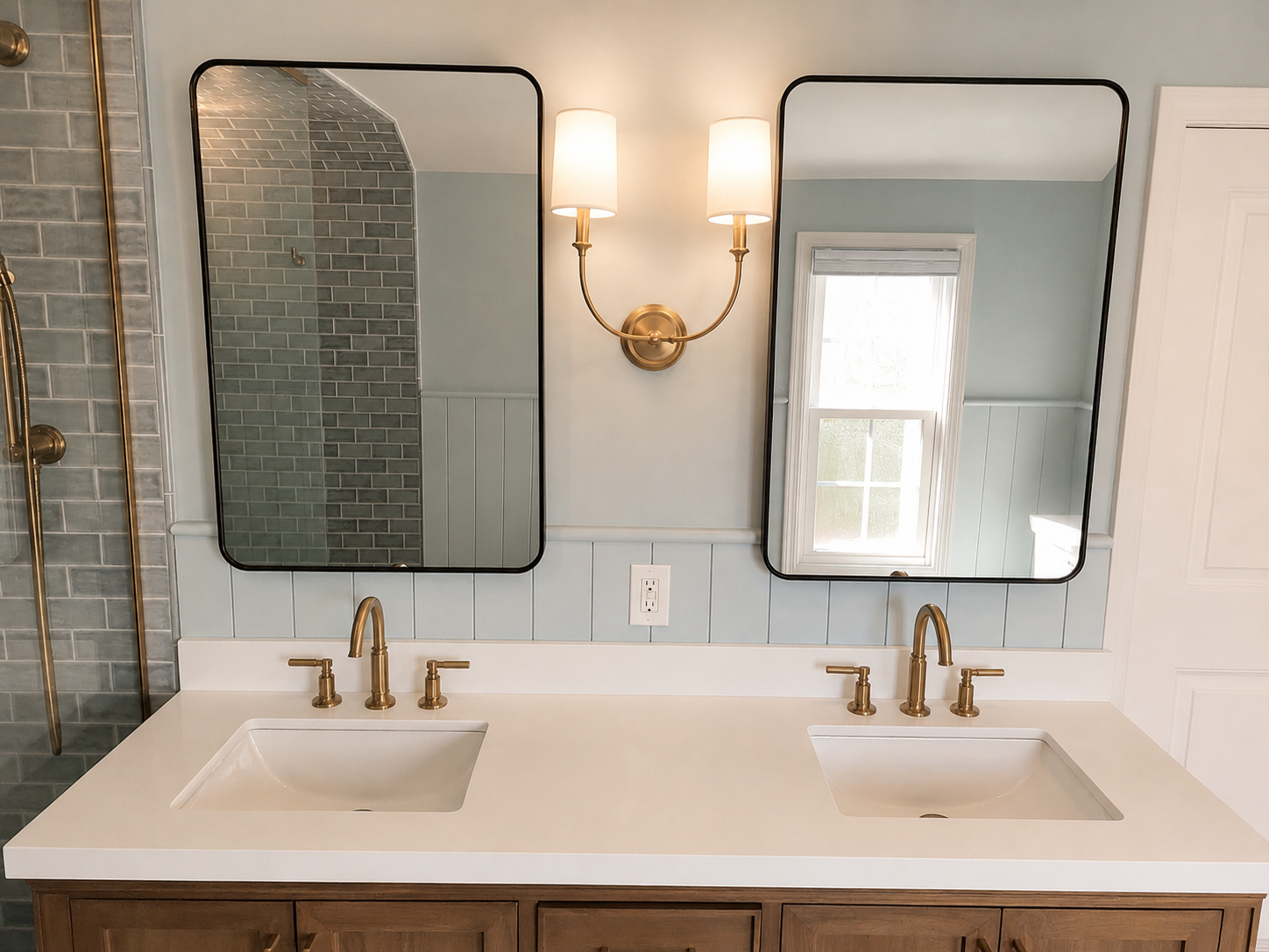 A true "his and hers" vanity setup, complete with individual mirrors and modern brass finishes.