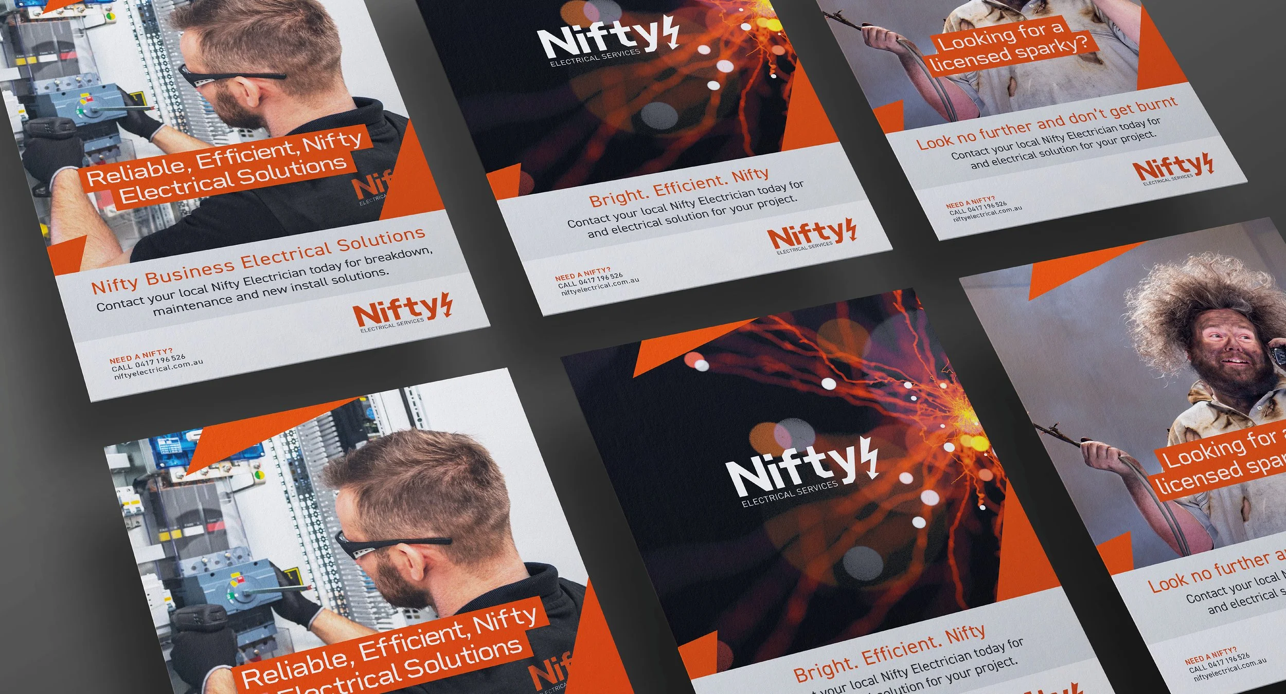 Flyer advertisements for Nifty Electrical Services, featuring images of electricians working with electrical panels, vibrant abstract backgrounds, and a person with wild hair. Includes text about electrical solutions, licensing, and contact informati