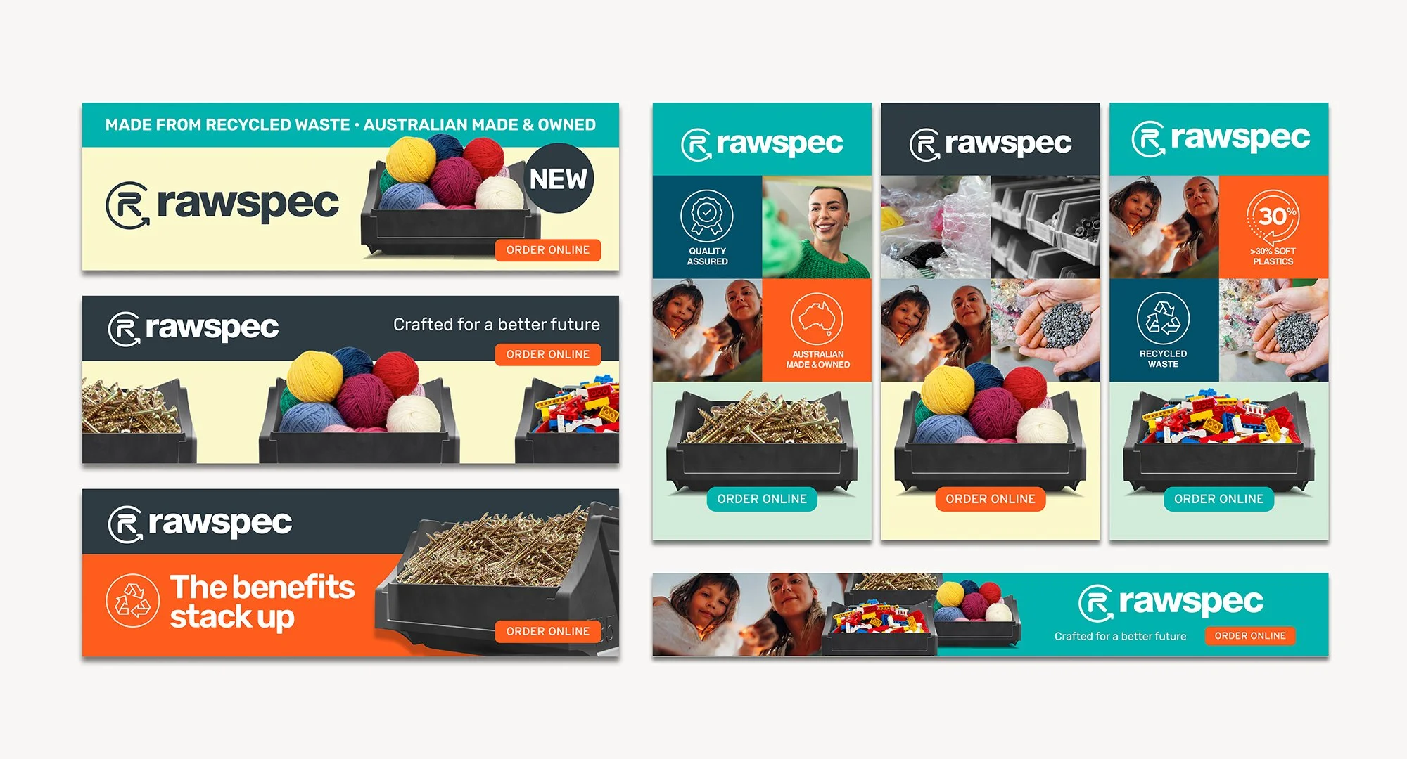 A set of digital advertisements for Rawspec, a brand specializing in recycled plastic-based products from Australia. The ads feature images of yarn, hardware, and Lego bricks in black containers, with colorful text overlays. The ads include icons, sl