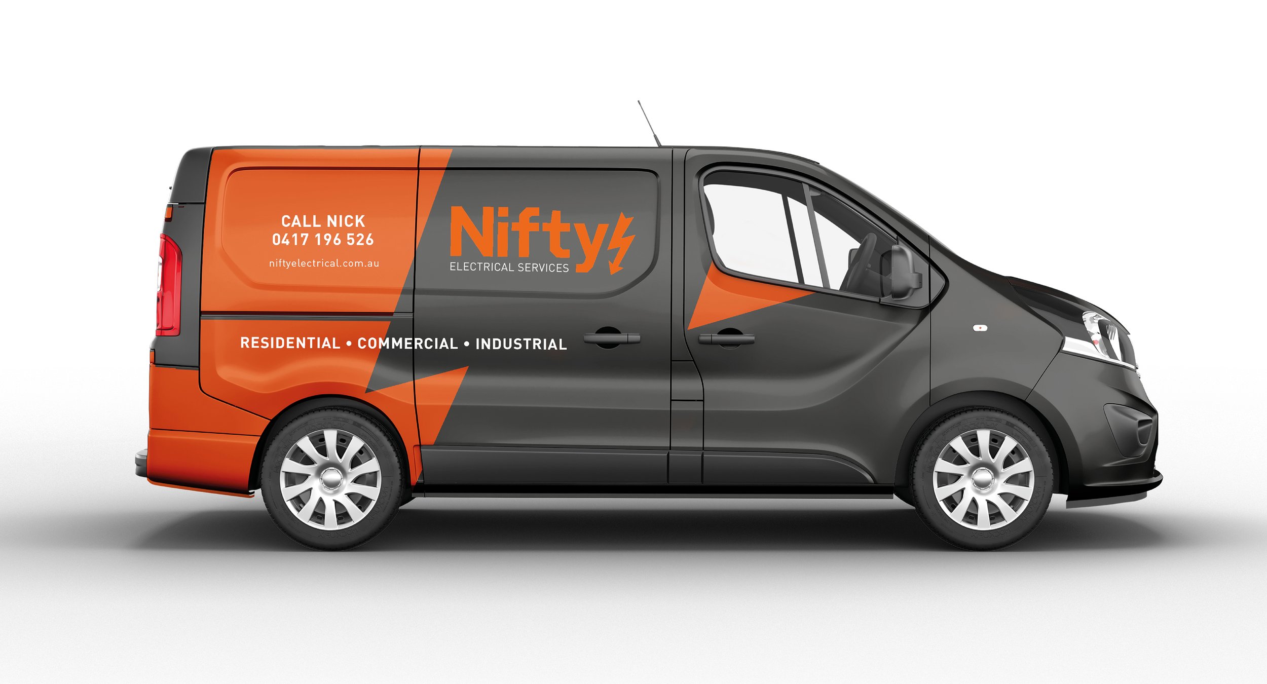 Side view of a black and orange Nifty Electrical Services van with contact info and services listed.