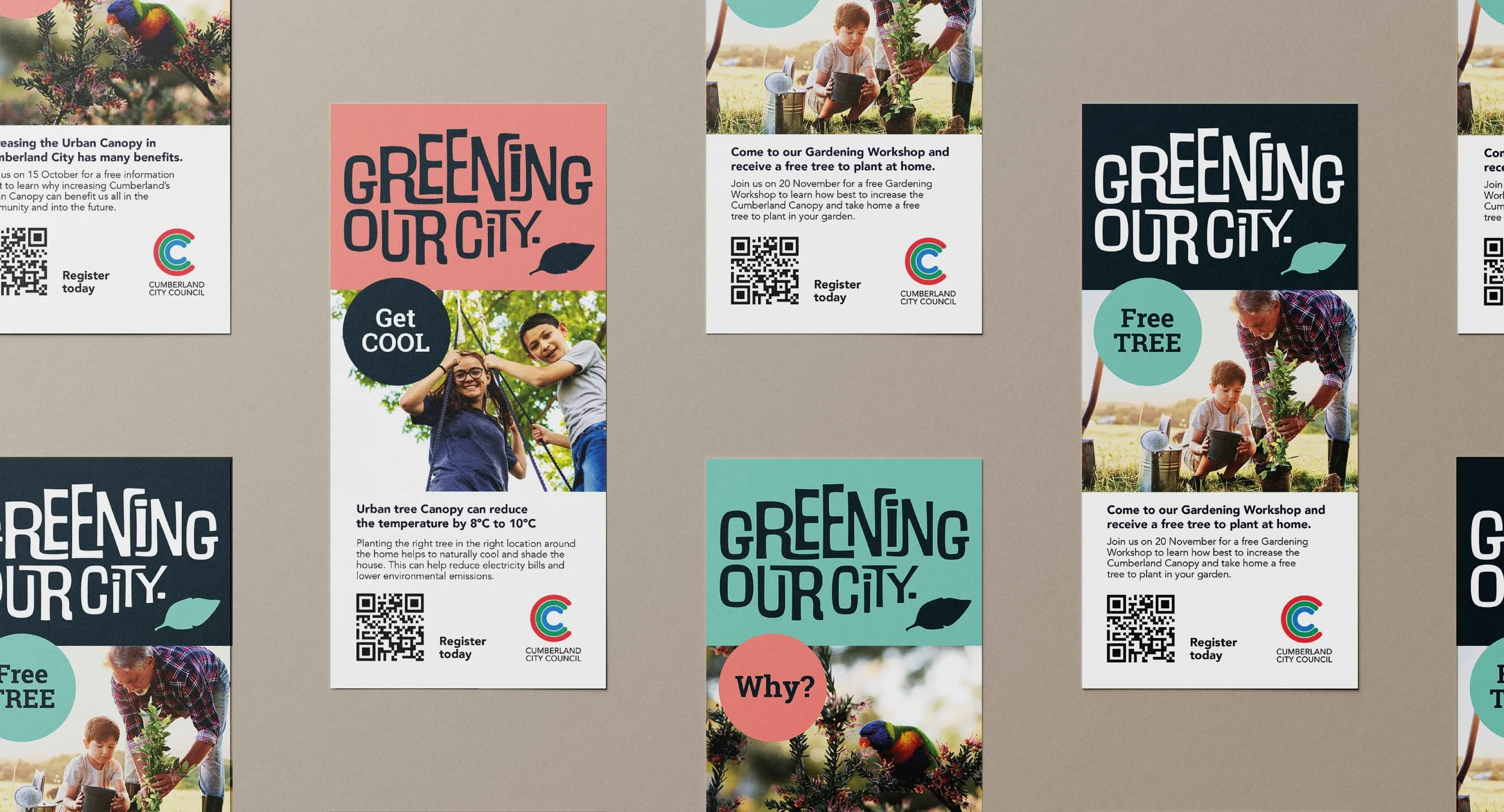 Flyers promoting urban greening initiatives by Cumberland City Council, featuring images of children and adults planting trees, with text about free trees and workshops, QR codes, and colorful design elements including a parrot and leaves.
