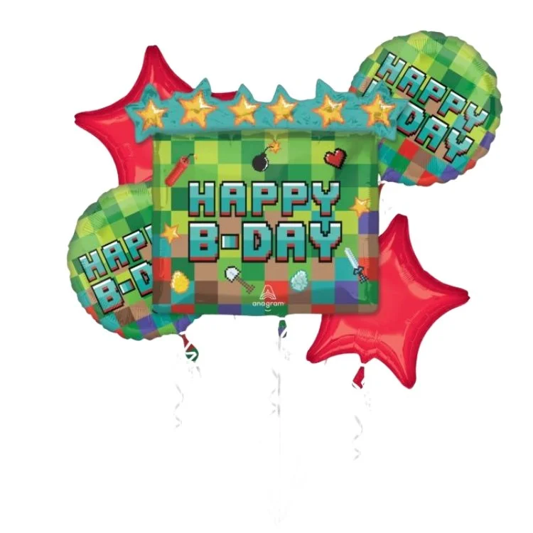 5 Piece Pixel Happy Birthday Mylar Balloon Bouquet