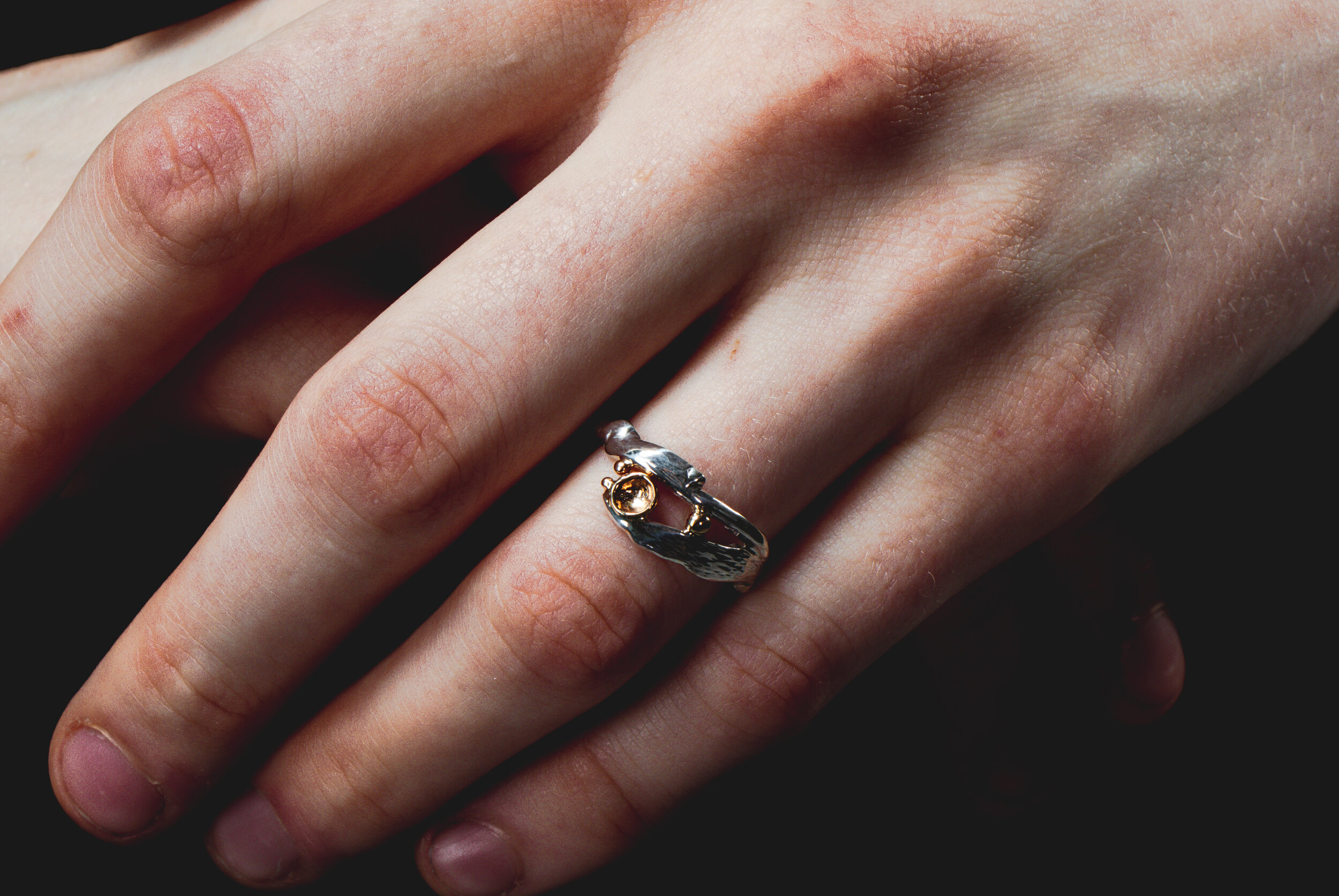 Close-up of a hand with a silver ring with a gold accent worn on the finger.