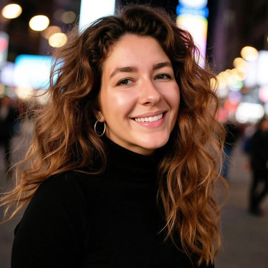 A young woman with curly, auburn hair smiling on a city street at night with colorful illuminated signs in the background.