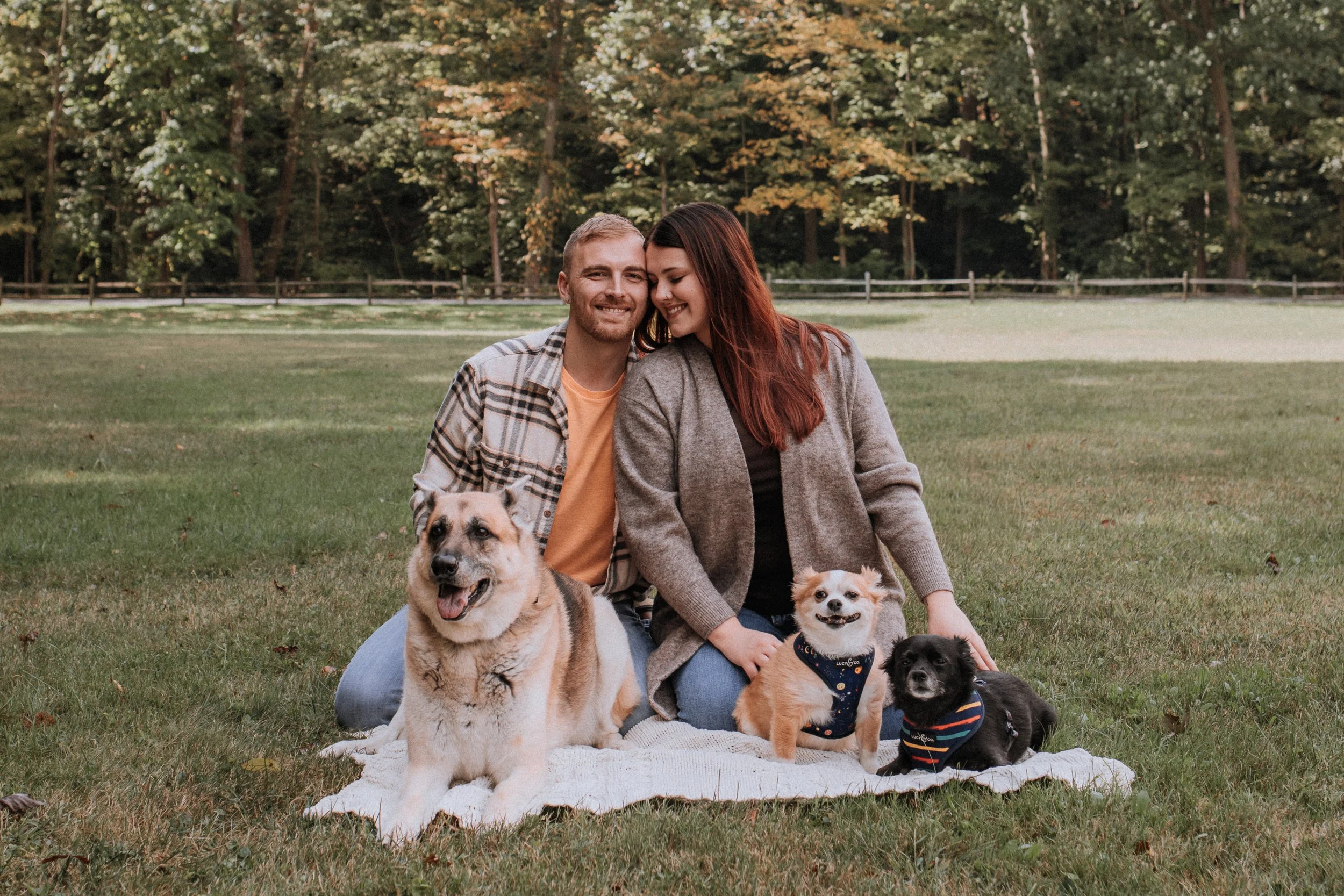 My fiancé, Tyler, and our dogs.