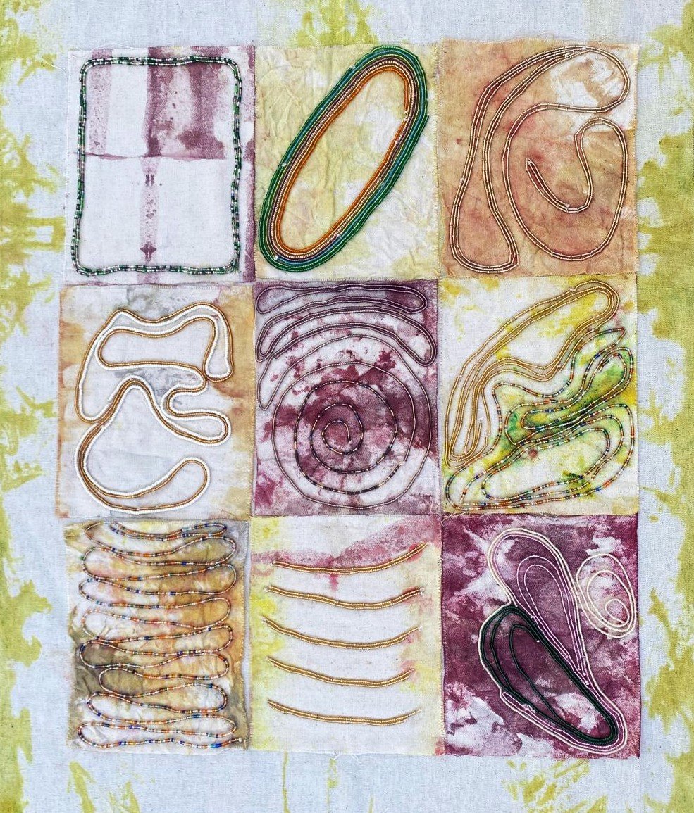 “Evolving the Culture”, 2024, Mixed media, 100% cotton, glass beads, cotton thread, natural dye, 17x22in