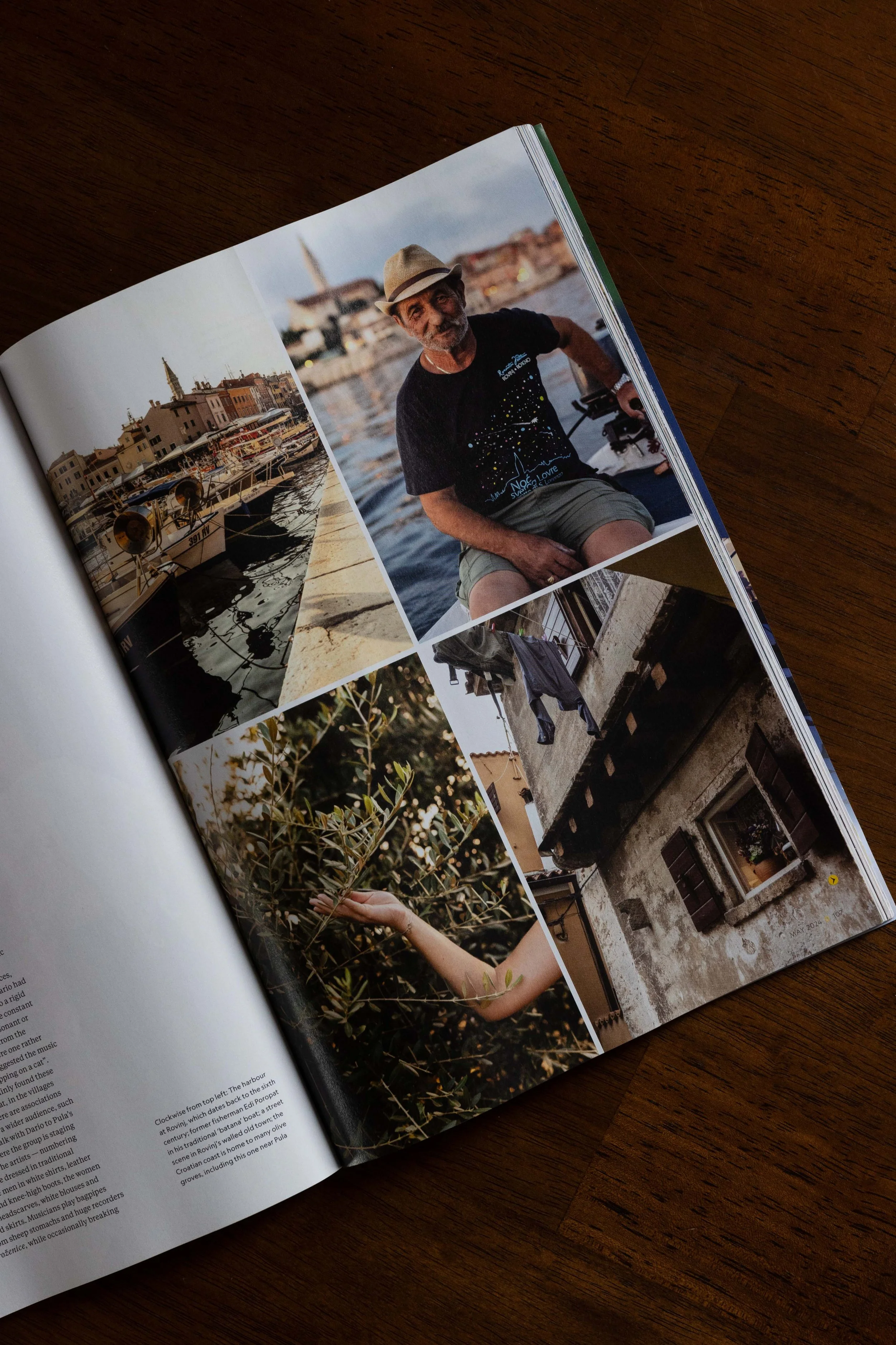 A photo album showing images of a man on a boat, a harbor with boats, a close-up of an arm reaching for plant branches, and a rustic house with open windows and hanging laundry.