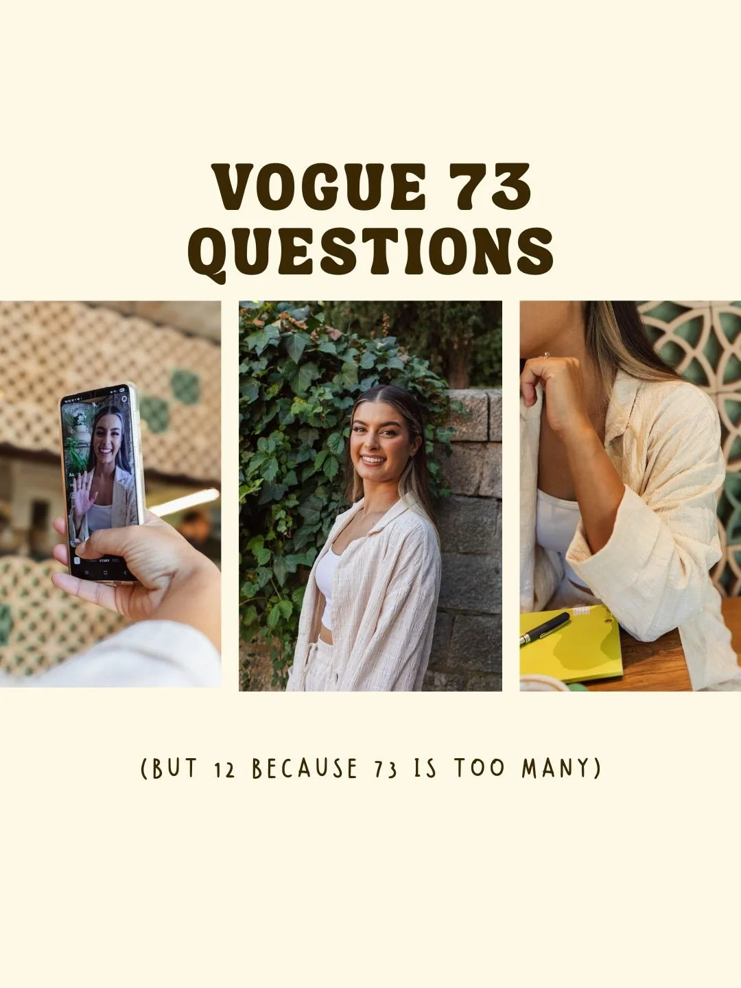 Hi, I'm Kayla. And here's a little peek behind the scenes&hellip;
I answered 12 fun Vogue-style questions so you can get to know me a bit better.
ㅤ
Swipe through and see the answers, maybe you&rsquo;ll discover a few things we have in common!
ㅤ
Anyon