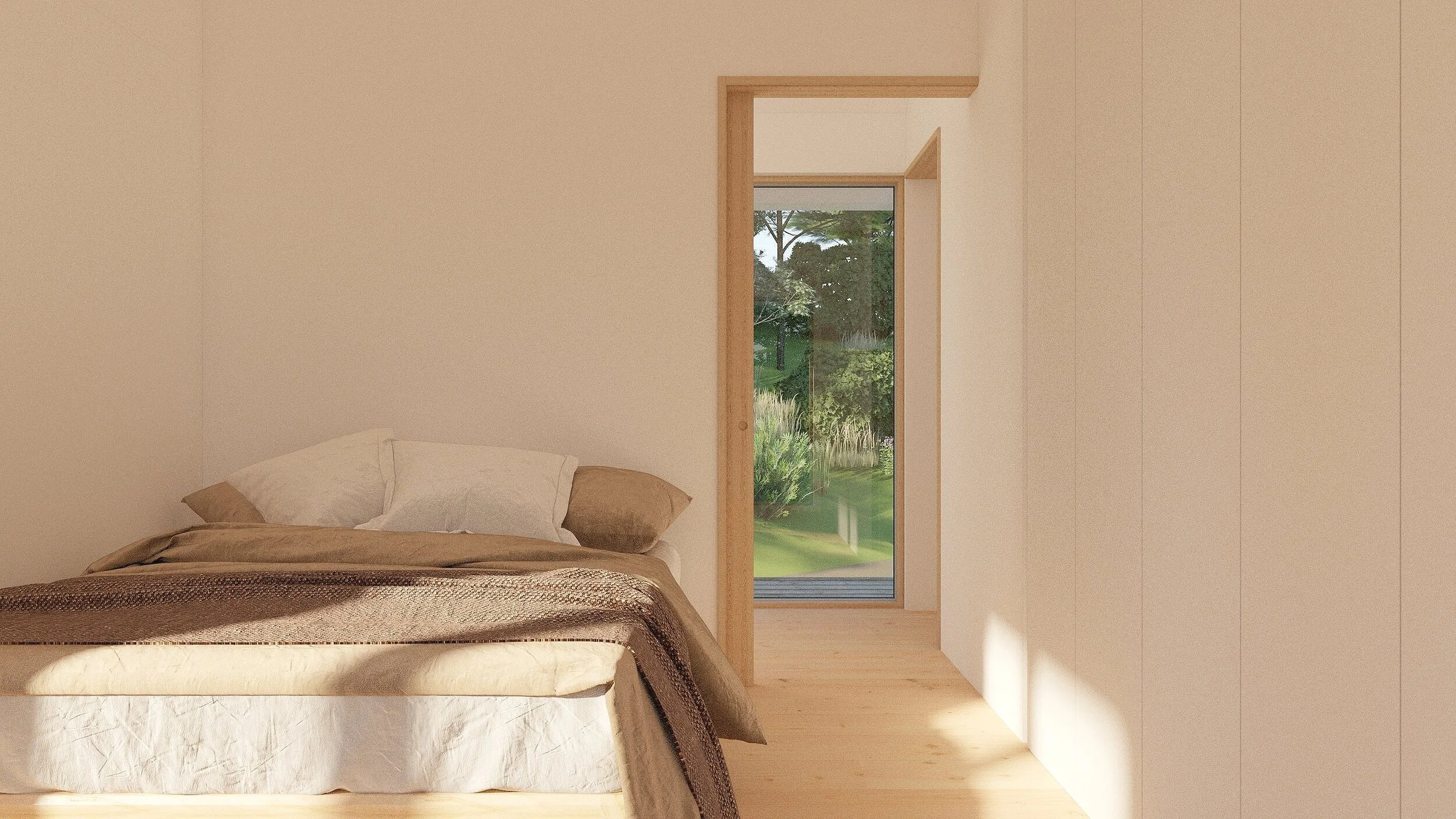 Soveværelse i nyt sommerhus på naturgrund.