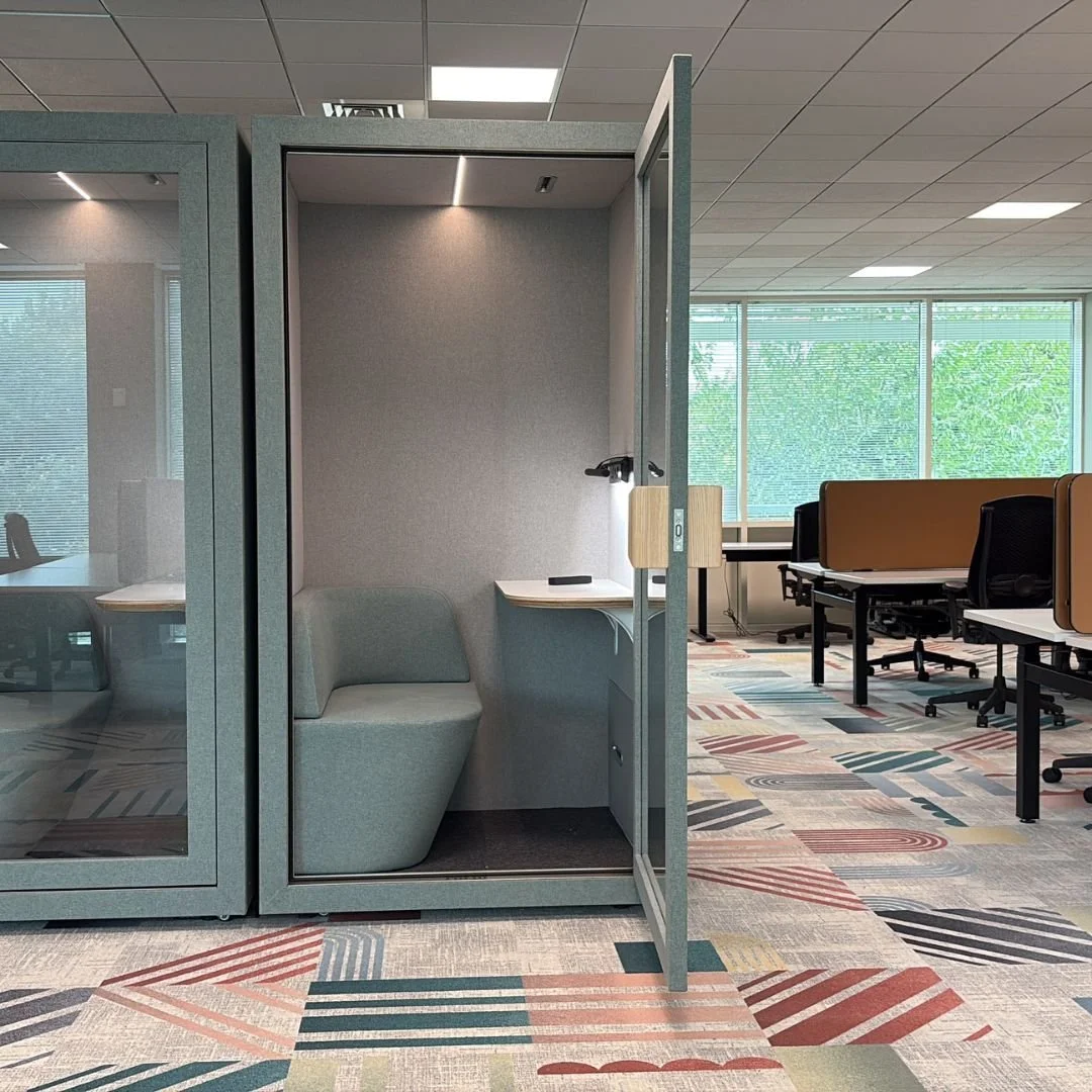 Here are a few sneeky behind the scenes shots from @LuminaLearningUK 's new space! These acoustic work/meeting pods are amazing, really soft on the outside (because, of course that matters!) and comfortable and private on the inside with individual l