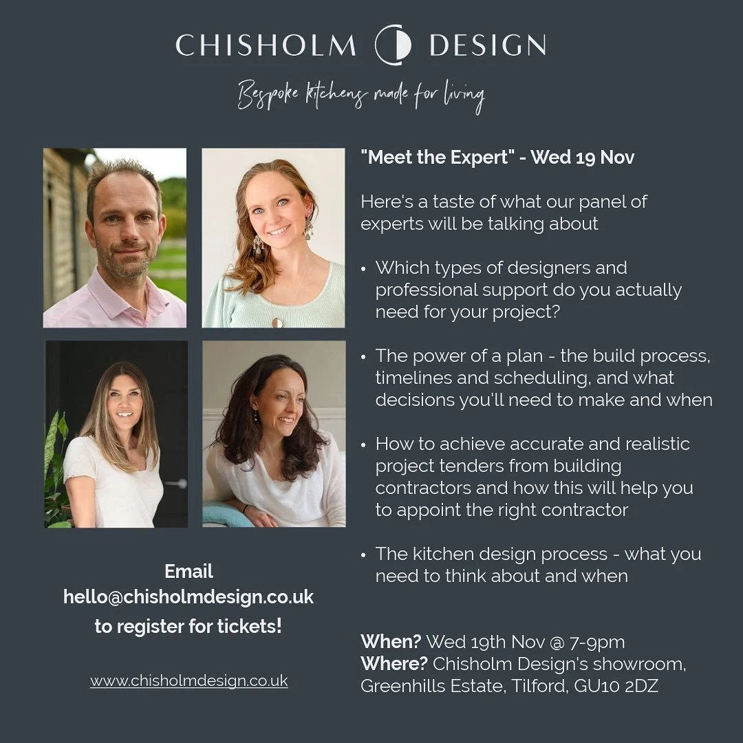 Come and join me and some of my favourite renovation/build professionals at the beautiful @chisholmdesignkitchens showroom in Tilford, Surrey on the 19th November for a friendly, super value packed evening (with drinks and nibbles!). A great opportun