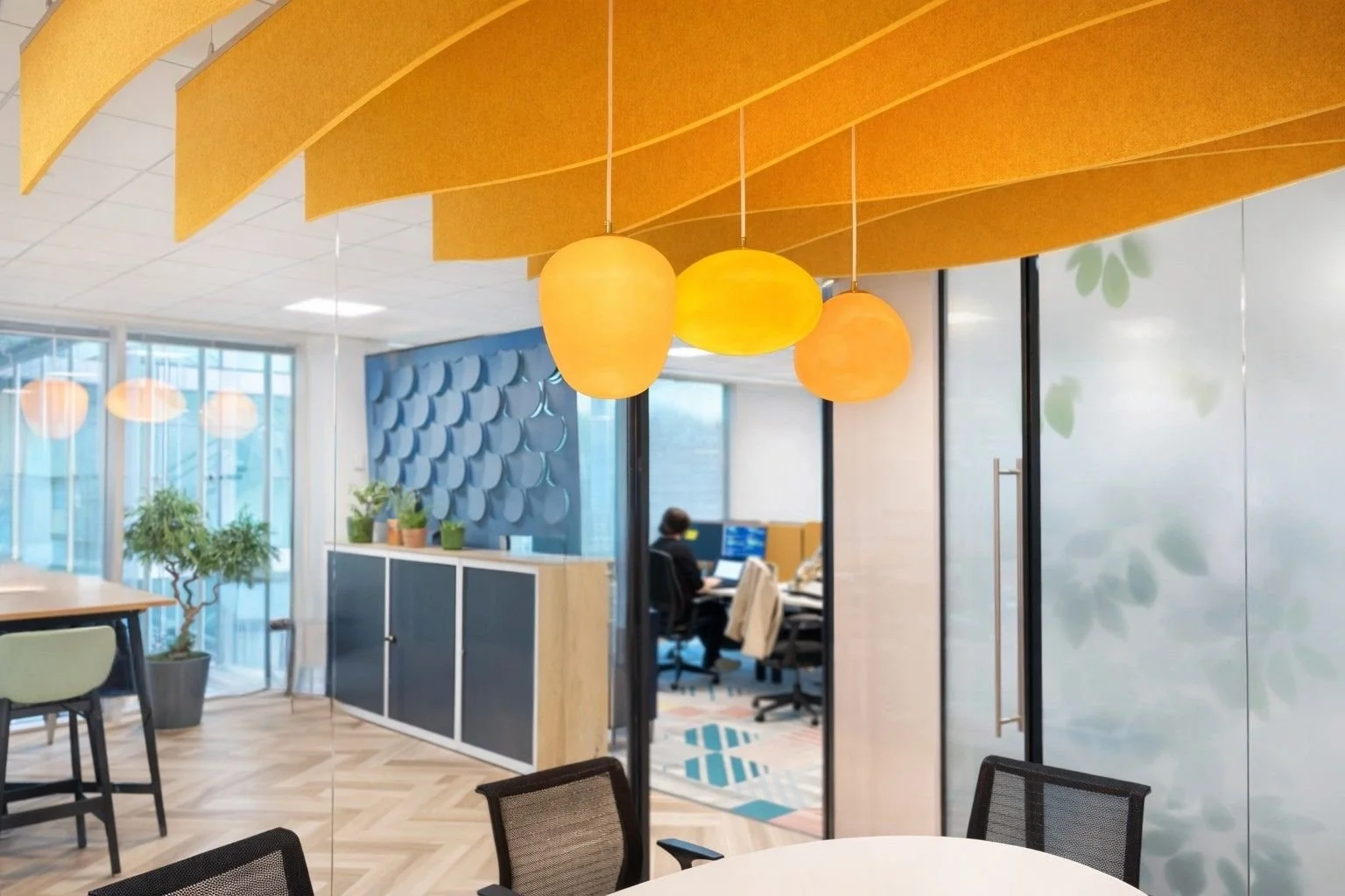 KVIST Interior Design Lumina Learning Office_Pink Meeting Room Yellow Acoustic Baffles.jpg