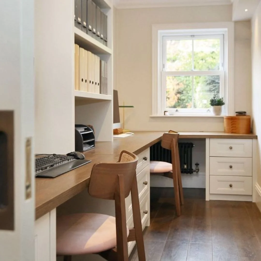 I&rsquo;m lightly touching in on emails and small actions today from my cosy home office &mdash; the one I share with my husband, Matt. Adding this space into our home has been perfect for us. With a glazed stacking door to the family room, we&rsquo;