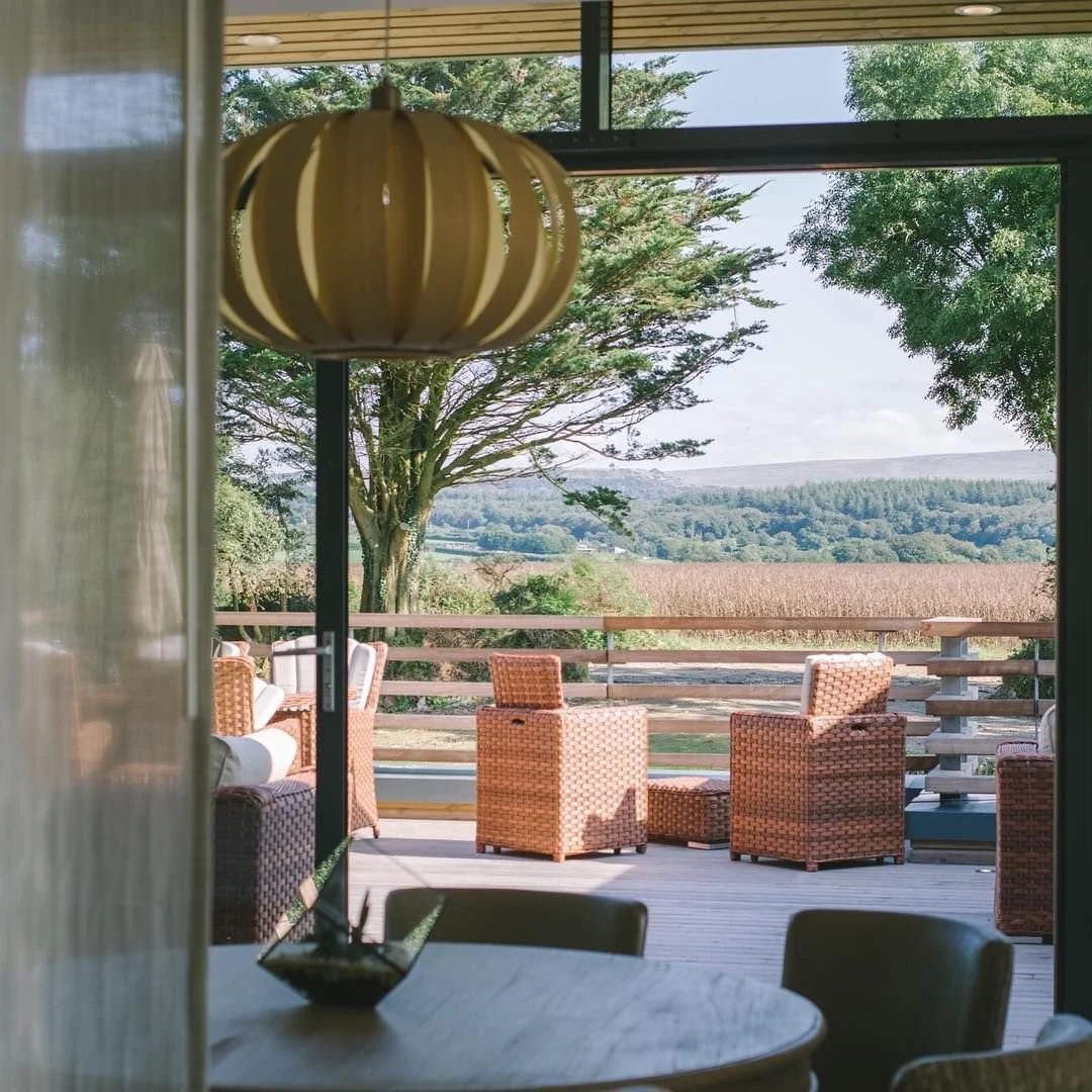 Designing spaces where people don't want to leave. This pendant at Gaia Spa in Plymouth, by local designer Tom Raffield (completed in 2016) perfectly frames the view of the countryside beyond the spatisserie terrace. Natural materials, sculptural lig
