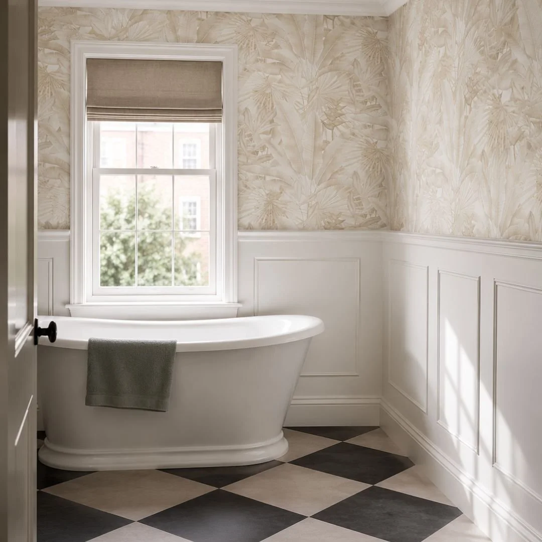 Sometimes the smallest decisions are the hardest.

As part of this Room Guide, we explored a number of wallpaper options for the bathroom, helping our client visualise each scheme before making a final decision. We also recommended the right type of 
