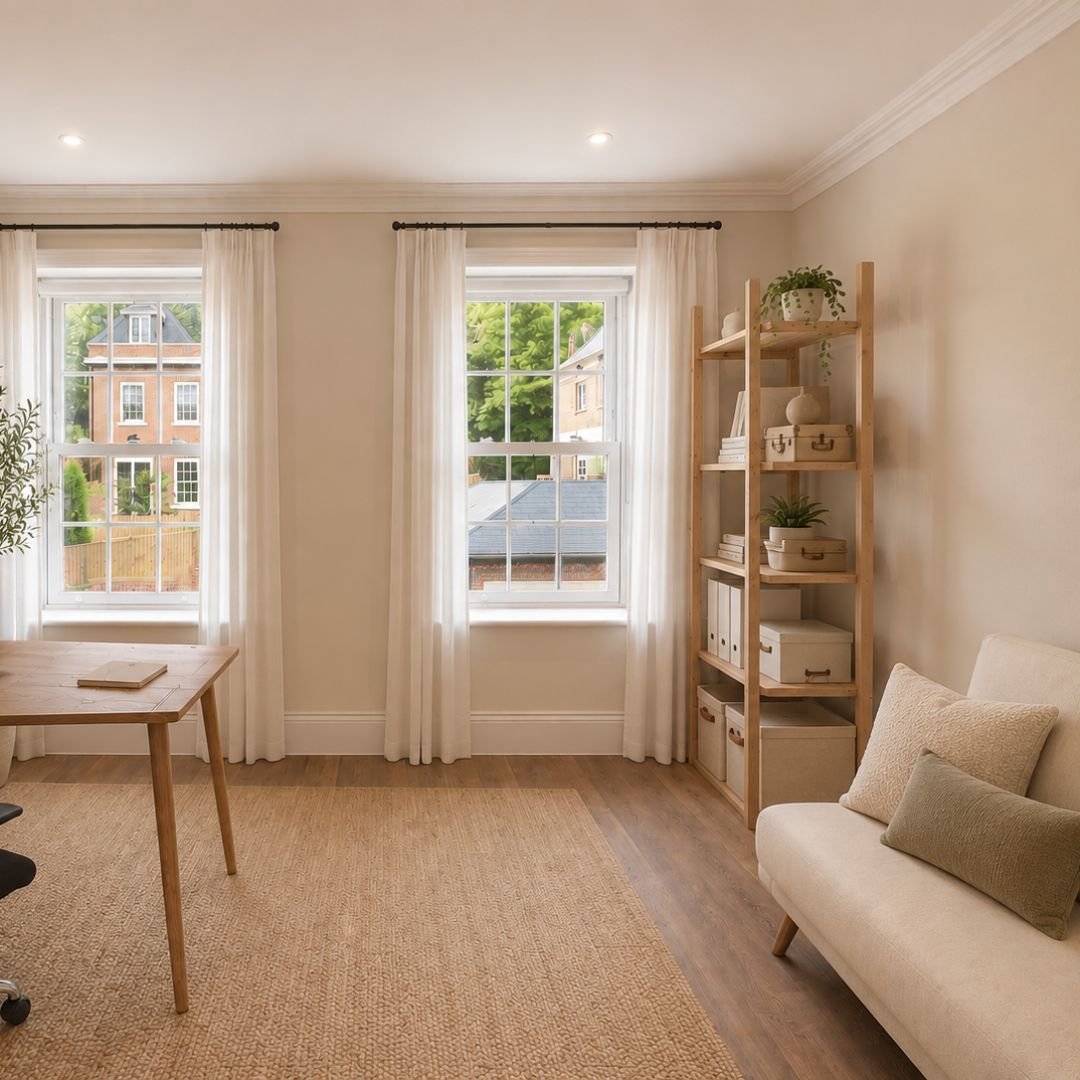 We love helping clients fine tune the potential in the spaces they already have.

Our client loved the light and proportions of her home office, but she always felt it was cold &ndash; both physically and visually. Rather than redecorating the room, 