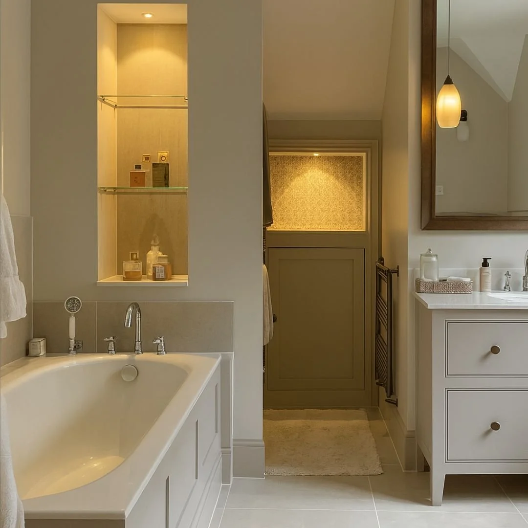 For this guest bathroom refresh, we wanted to create something calm and luxurious, but still very practical.

A generous walk-in shower sits behind the vanity, while we kept the bath for guests who prefer a proper soak. Soft neutral finishes keep the