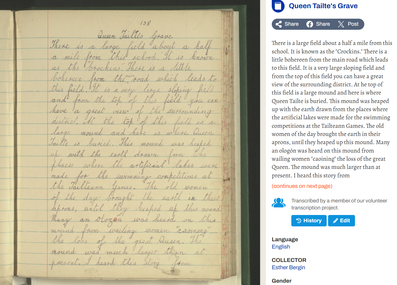 Handwritten Dúchas.ie school collection account describing Queen Tailte's grave in County Meath