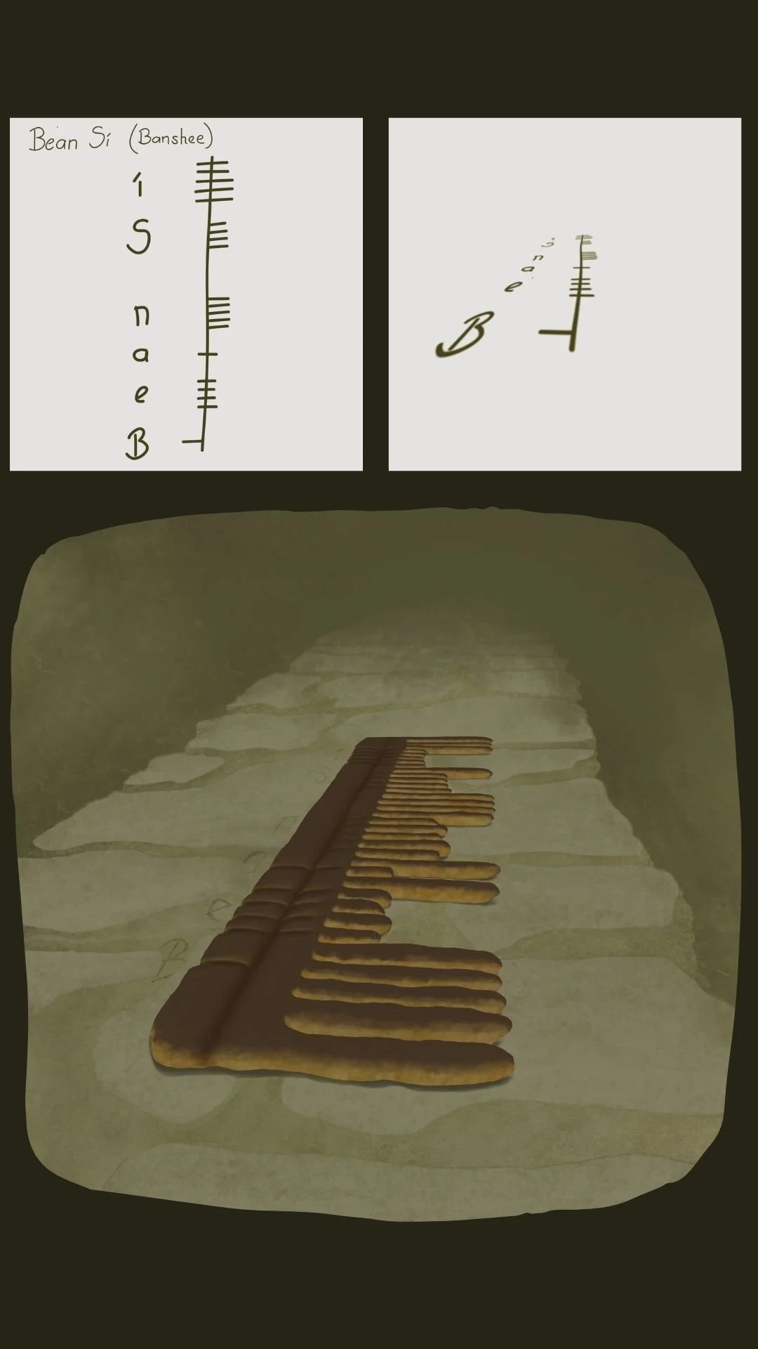 Annotated illustration of the bean sí comb drawing showing ogham script hidden in the handle spelling Bean Sí, with a close-up detail and the full comb on stone below