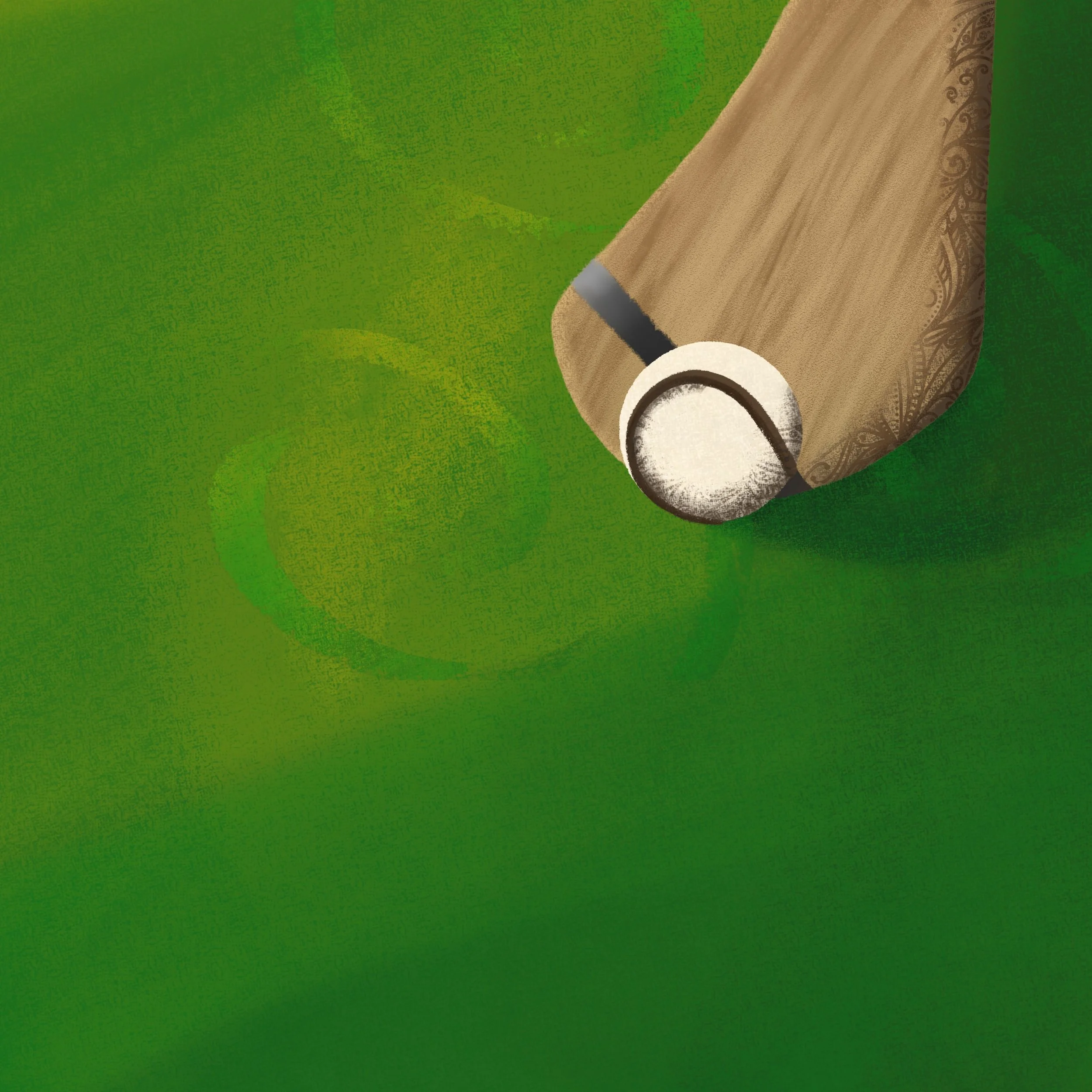 Hand drawn illustration of a hurl and sliotar with a hidden Celtic triple spiral in the grass, inspired by the Tailteann Games