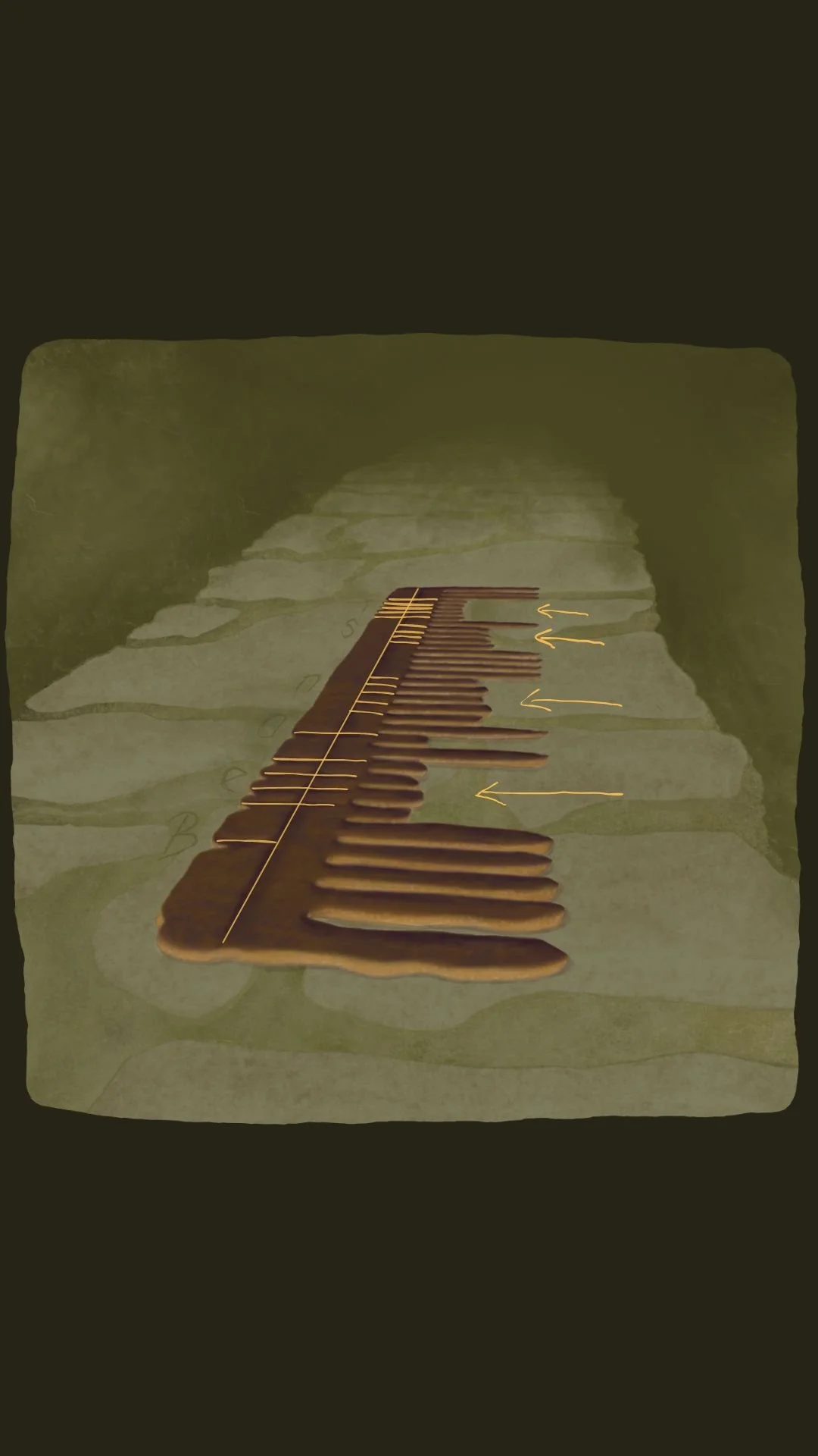 Irish folklore illustration of the bean sí comb with arrows pointing to the broken teeth, a detail referencing the folk belief that a stolen comb brings death