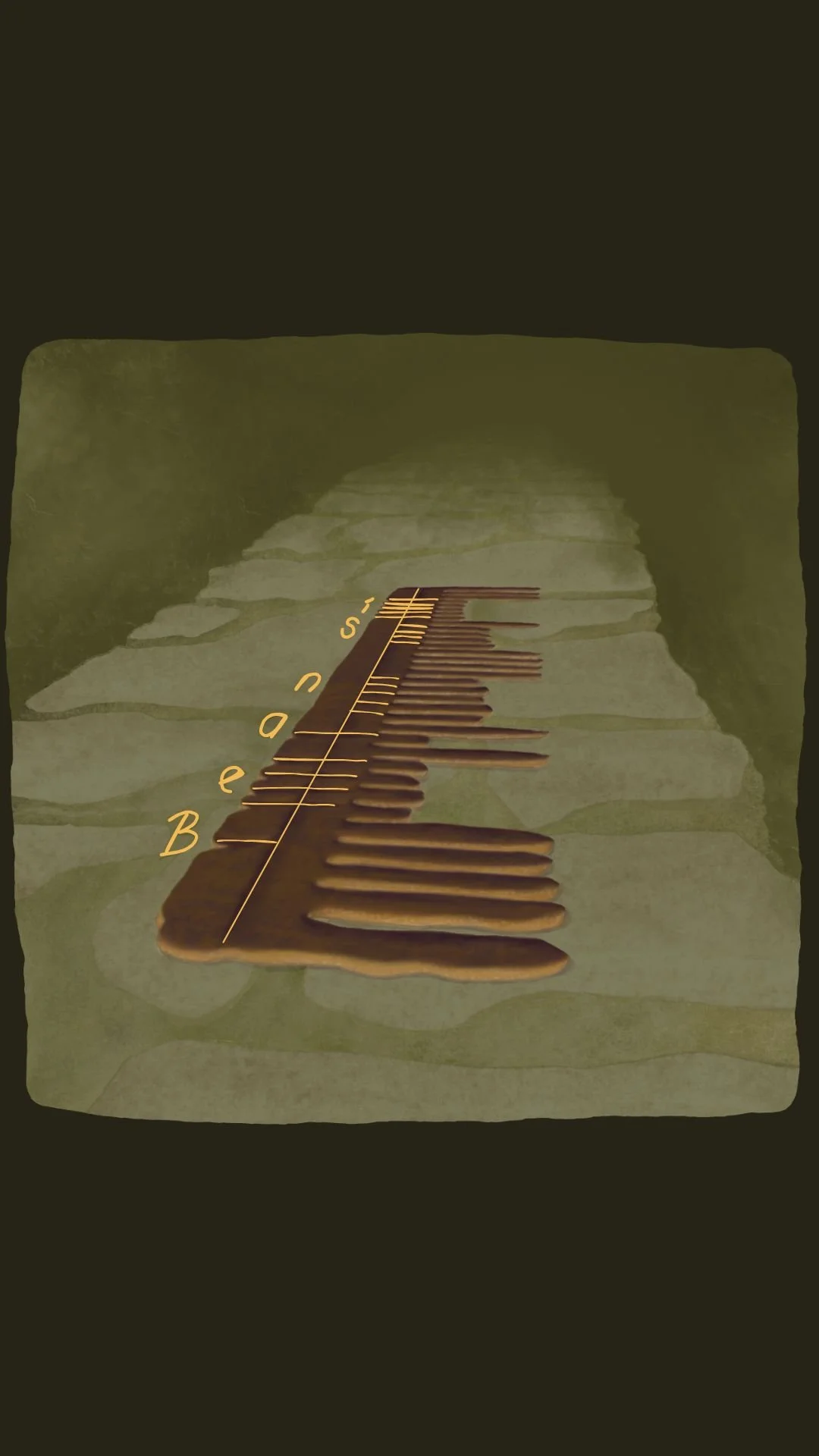 Irish folklore illustration of the bean sí comb with ogham script highlighted along the handle, spelling out Bean Sí in golden lettering