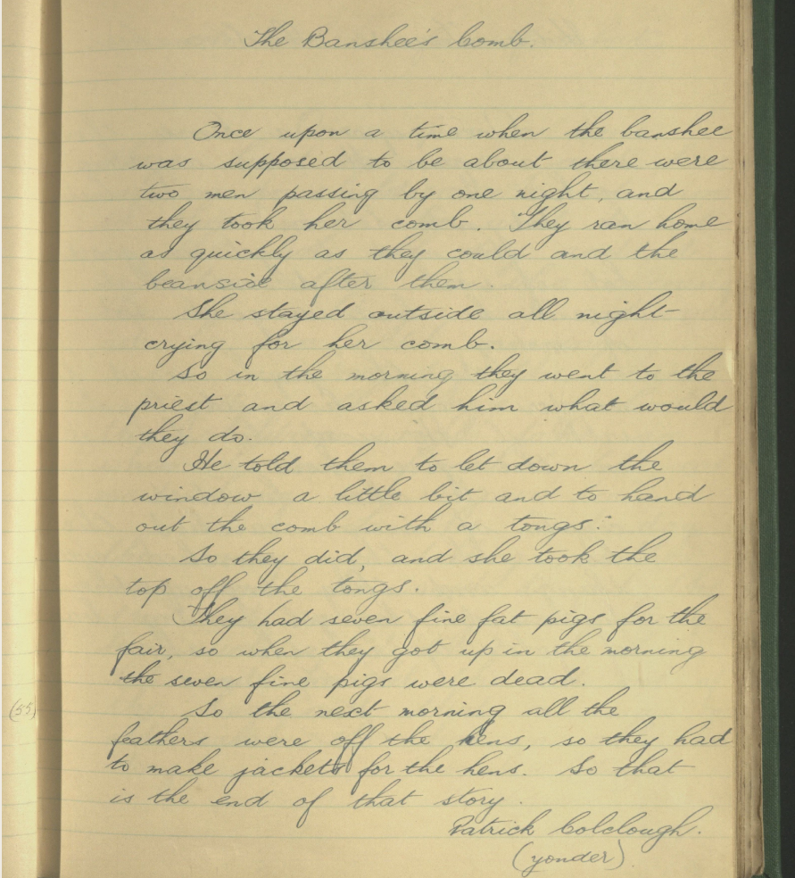 Handwritten account of the banshee's comb from the Dúchas Irish folklore archive, collected in the 1930s