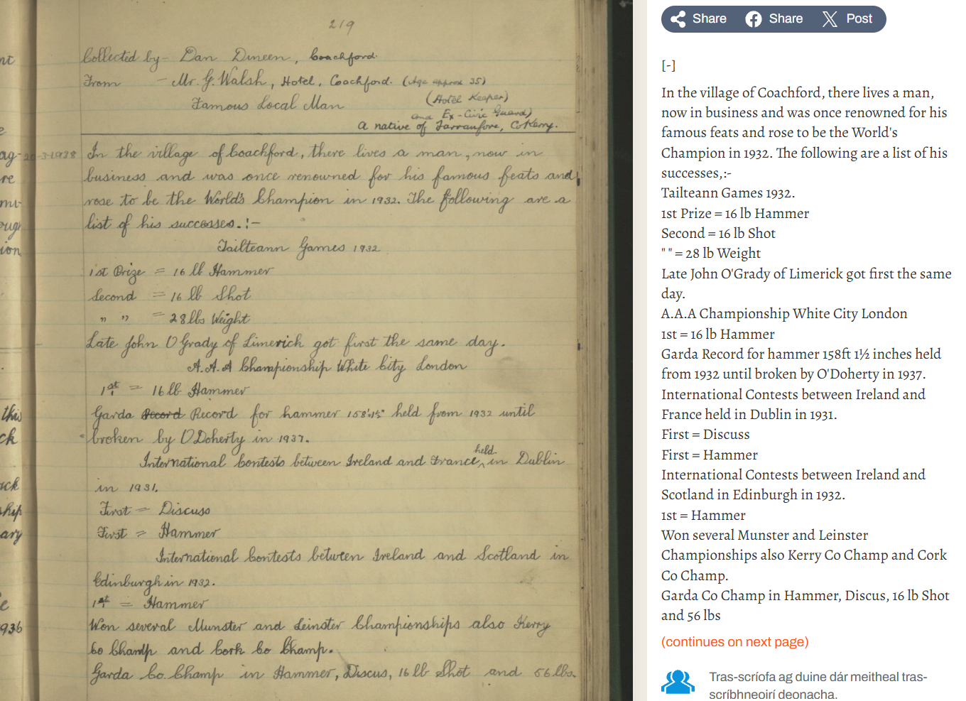 Handwritten Dúchas.ie account of a Coachford man's hammer throwing records at the 1932 Tailteann Games