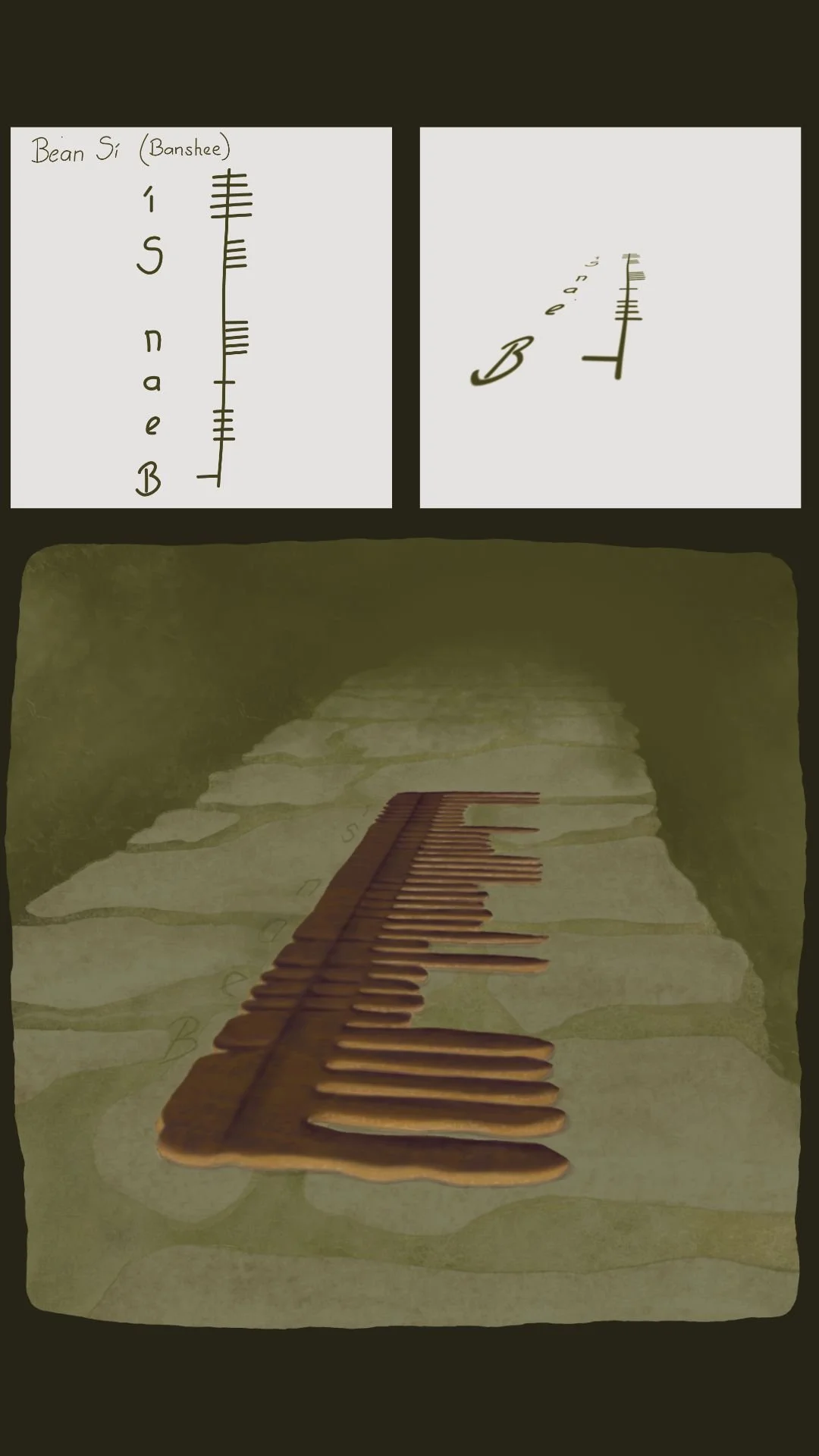 Annotated illustration of the bean sí comb drawing showing ogham script hidden in the handle spelling Bean Sí, with a close-up detail and the full comb on stone below