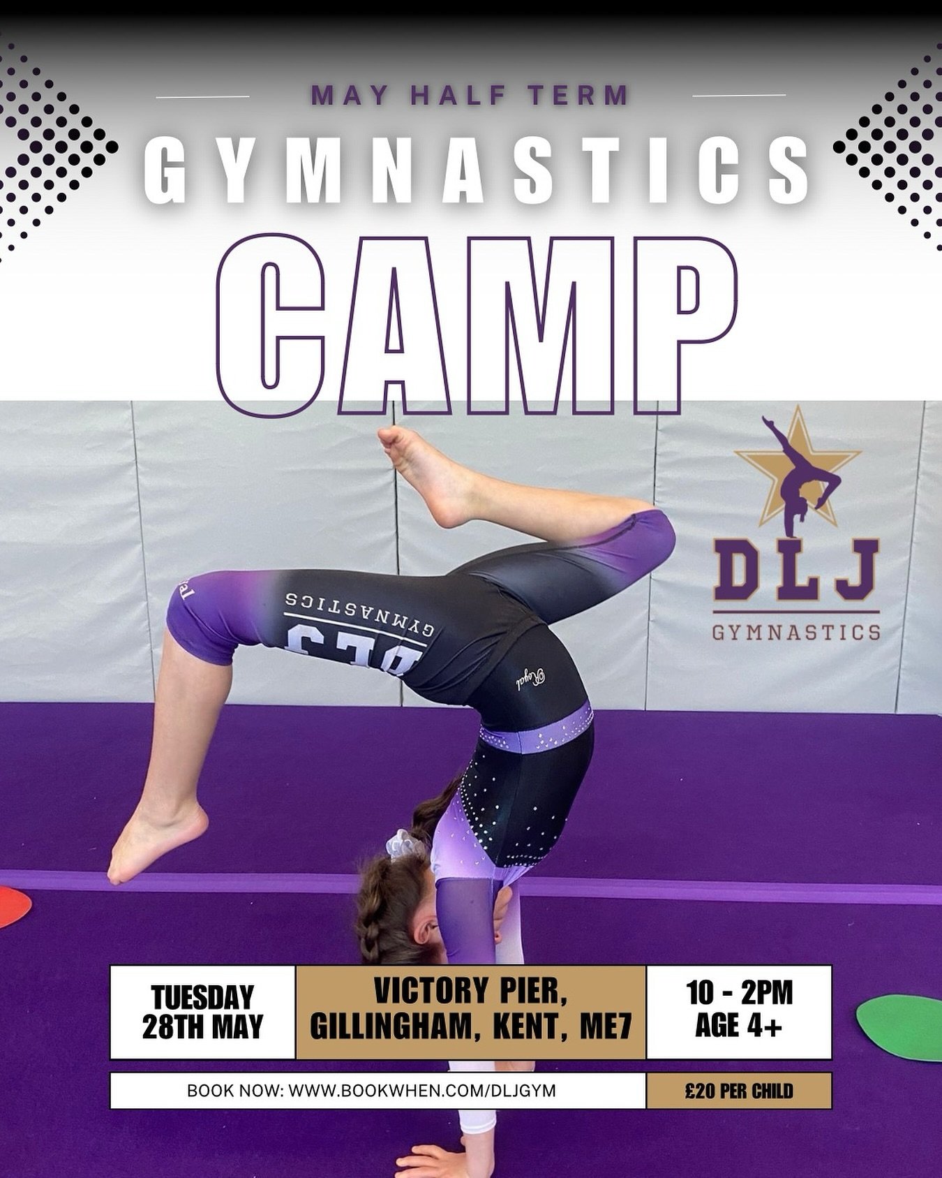 Join us for Half term gymnastics, FUN &amp; games at DLJ Gymnastics! 🙌

Children must be in school year Reception or above and everyone must bring a packed lunch with plenty to drink! 💜

🗓️ 28th May 
⏰ 10:00-2:00pm
📍 DLJ Gymnastics, Victory Pier,