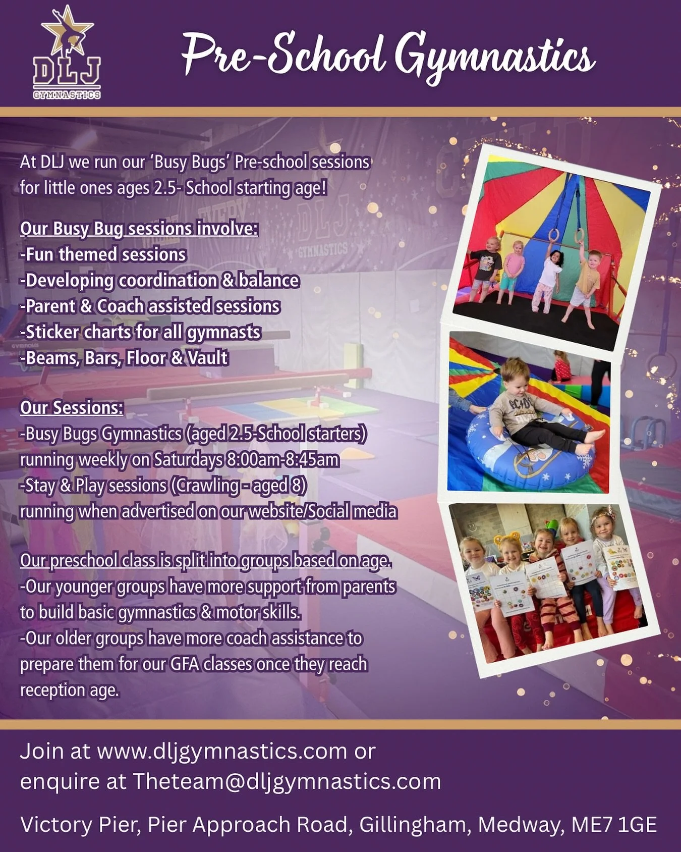 Welcome to Pre-school at DLJ💜

Our British gymnastics affiliated club and coaches make all our sessions fun and progressive to suit your child&rsquo;s age and ability!

We can&rsquo;t wait to hopefully see you again at one of our Pre-School classes 