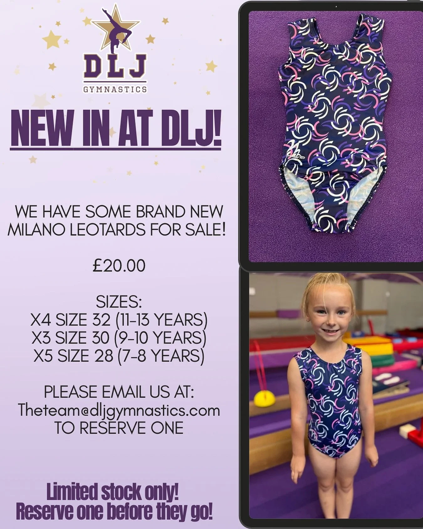 We have some brand new Milano leotards for sale⭐️

&pound;20.00

Sizes:
X4 size 32 (11-13 years)
X3 size 30 (9-10 years)
X5 size 28 (7-8 years)

Please email us to reserve one at Theteam@dljgymnastics.com💜