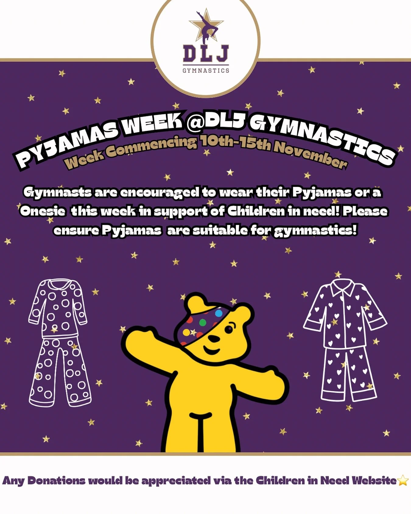 Wear your Pyjamas this week at gymnastics for Children in Need!⭐️
&mdash;&mdash;&mdash;&mdash;&mdash;&mdash;&mdash;&mdash;&mdash;&mdash;&mdash;&mdash;&mdash;&mdash;&mdash;&mdash;&mdash;&mdash;&mdash;&mdash;&mdash;&mdash;&mdash;
British Gymnastics aff