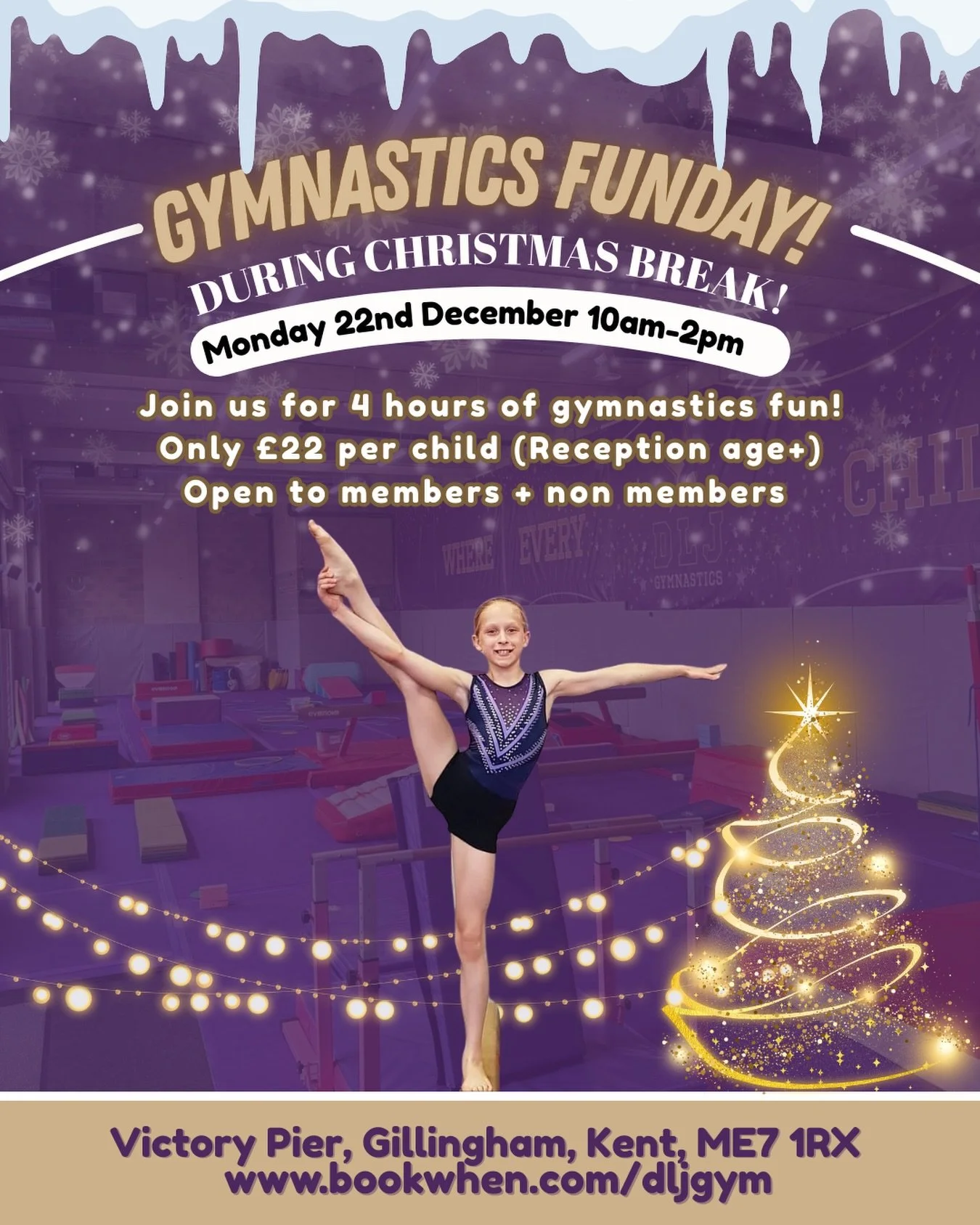 Join us for a Christmas Funday on Monday 22nd December from 10.00-2.00pm💜
www.bookwhen.com/dljgym

Open to DLJ members and non members aged 4+ (must be school age to attend - reception and above to attend)

&pound;21.00 per child

4 hours of gymnast