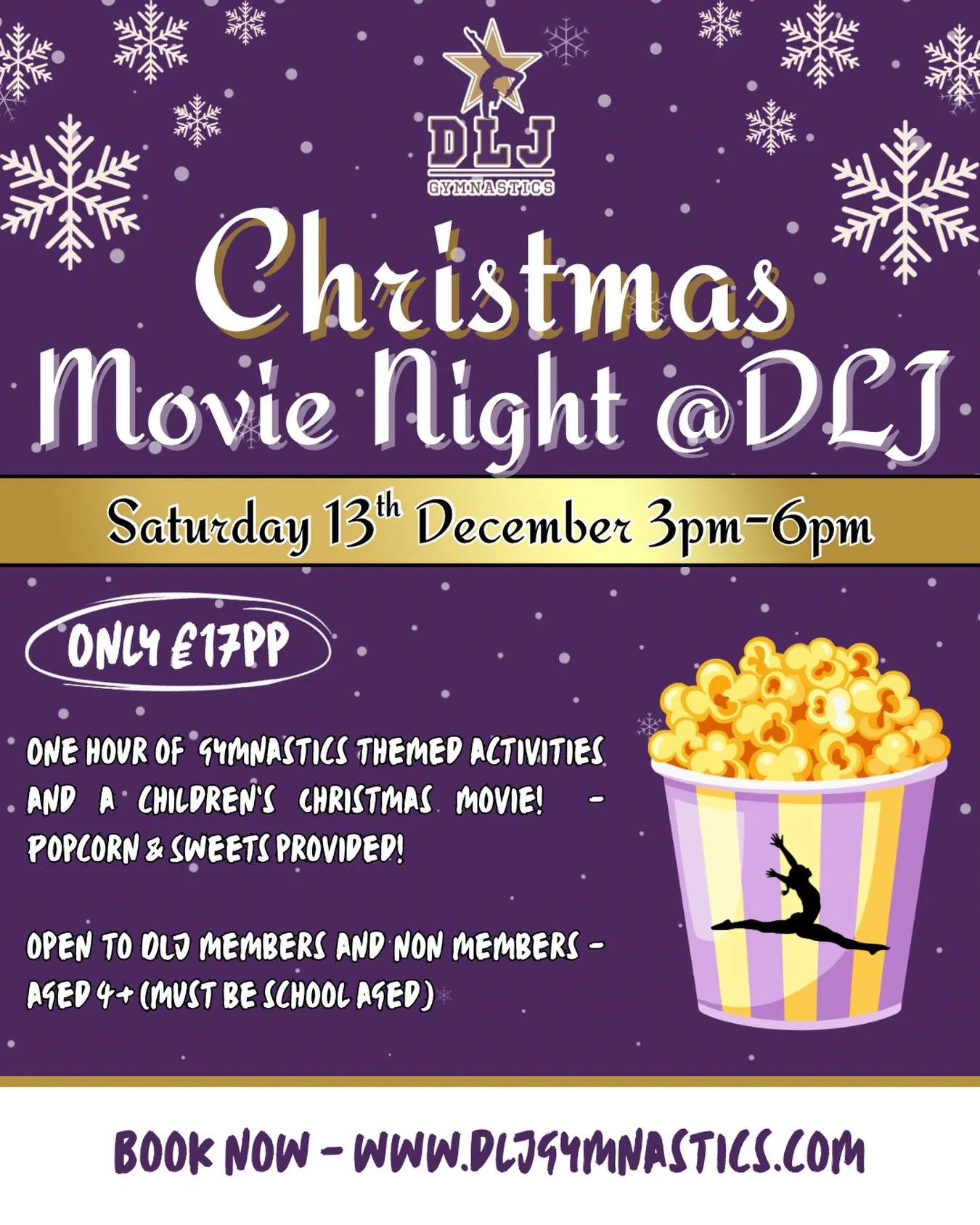 Christmas Gym &amp; movie night! 1 hour of gymnastics themed activities and a children&rsquo;s christmas film- Popcorn and sweets provided🍿💜

Please bring along a pillow or a beanbag to sit on during the movie
&mdash;&mdash;&mdash;&mdash;&mdash;&md