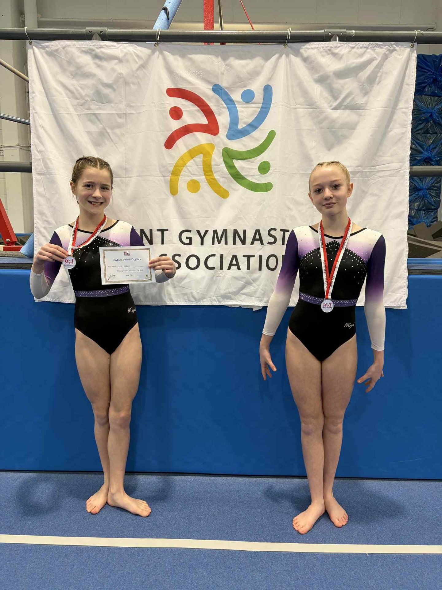 Kent Championships round 1&amp;2- Well done girls💜

- Lola - Kent champion &amp; floor award (Overscored to bronze level)🥇
- Nicola- Silver medal (overscored to bronze level)🥈
- Ffion- 6th place🎗️
- Mia- 7th place 
&mdash;&mdash;&mdash;&mdash;&md